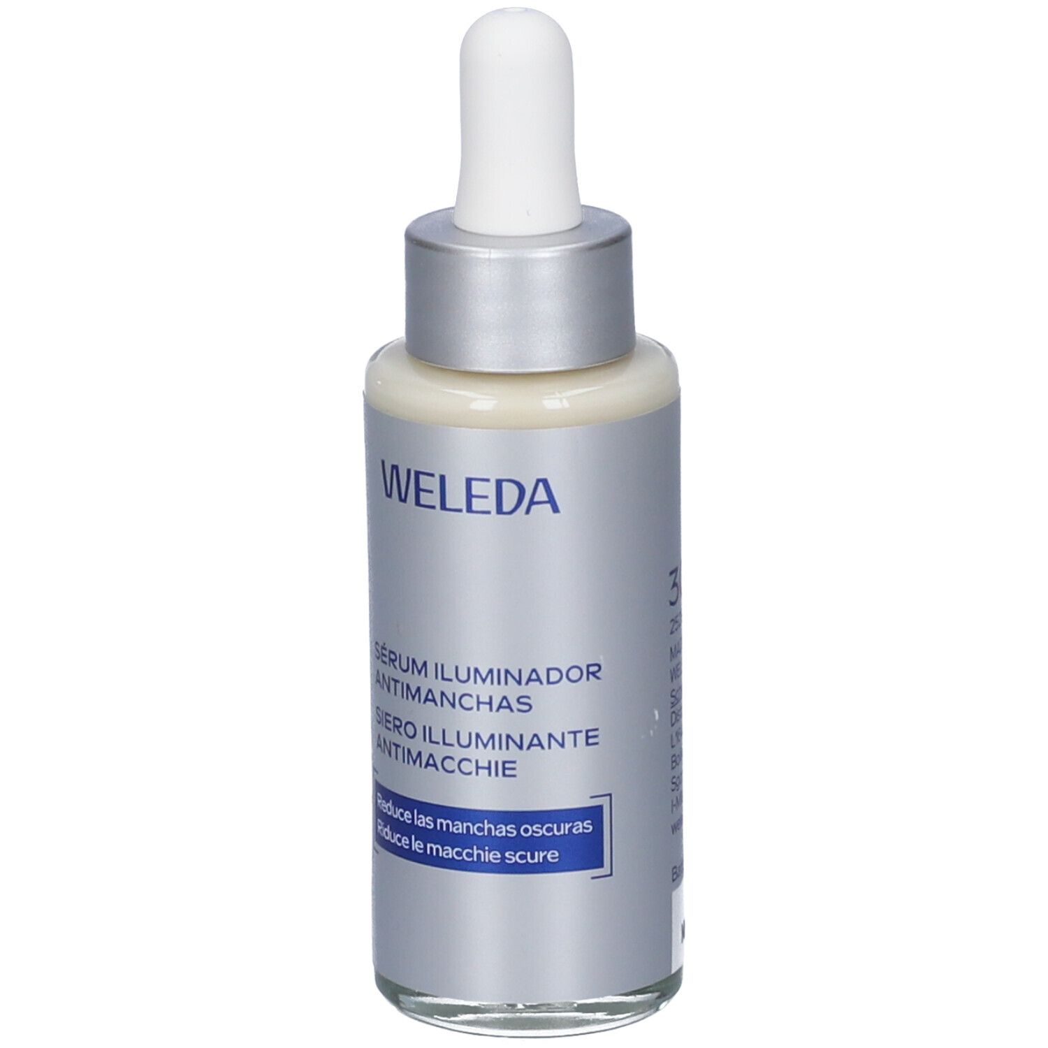 Flacone di siero Weleda con pipetta. Scritta: Sérum Illuminador Antimanchas. Italiano: Siero Illuminante Antimacchie.