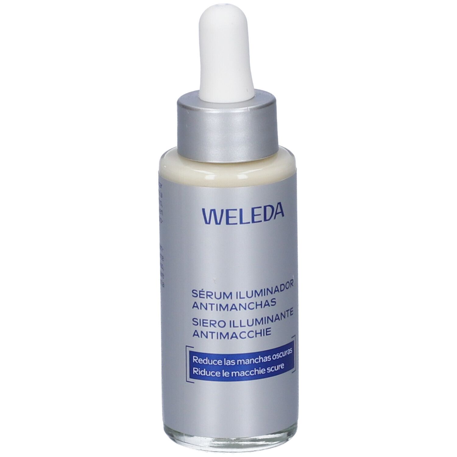 Flacone di siero Weleda con pipetta. Scritta: Sérum Illuminador Antimanchas. Italiano: Siero Illuminante Antimacchie.