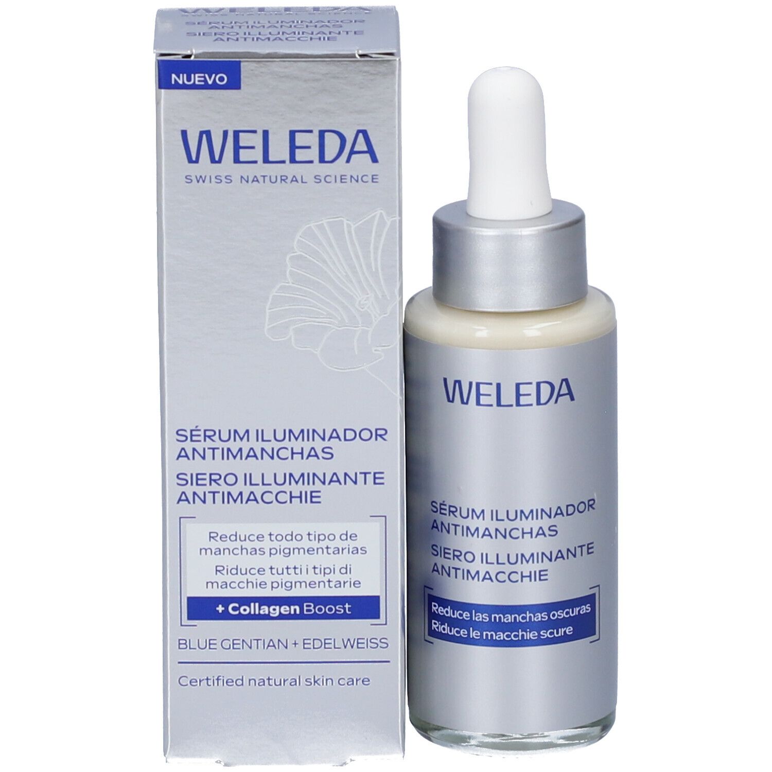 Flacone di siero Weleda e confezione. Scritta: Sérum Illuminador Antimanchas. Italiano: Siero Illuminante Antimacchie. + Collagen Boost.