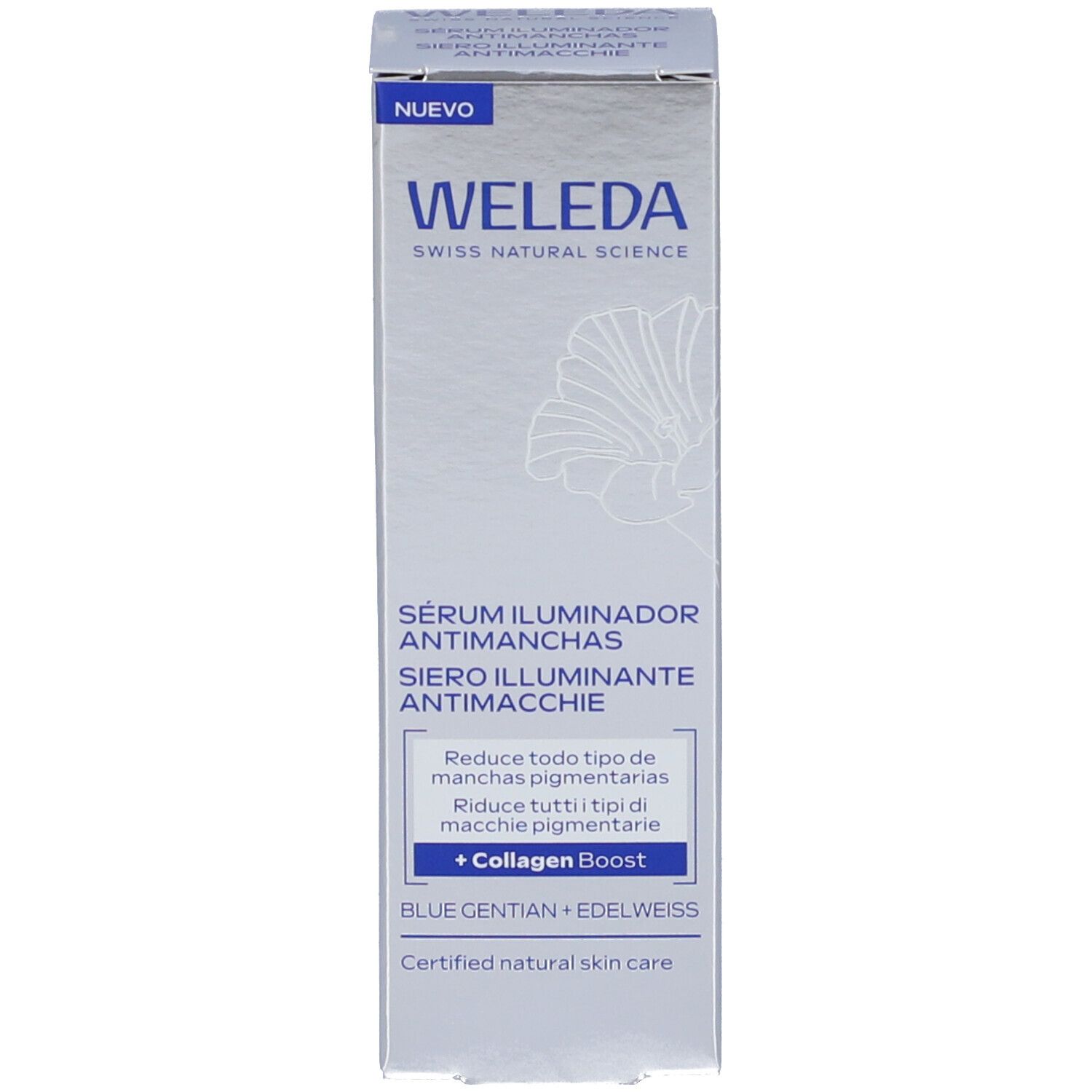 Confezione Weleda. Scritta: Sérum Illuminador Antimanchas. Italiano: Siero Illuminante Antimacchie. + Collagen Boost. Nuovo.