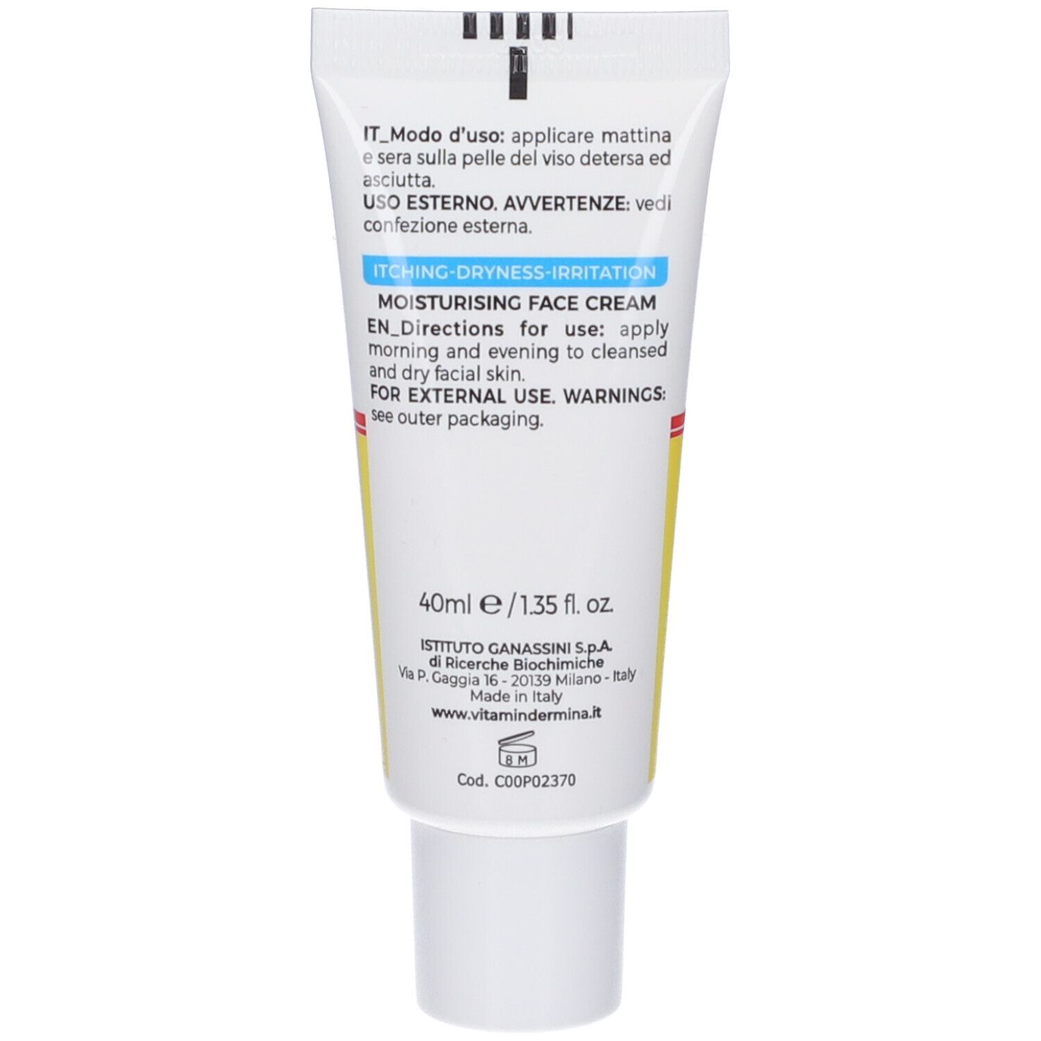 Retro del tubo crema VD Vitamindermina. Testo: Istruzioni per l'uso, 40ml/1.35 fl. oz. e informazioni produttore.