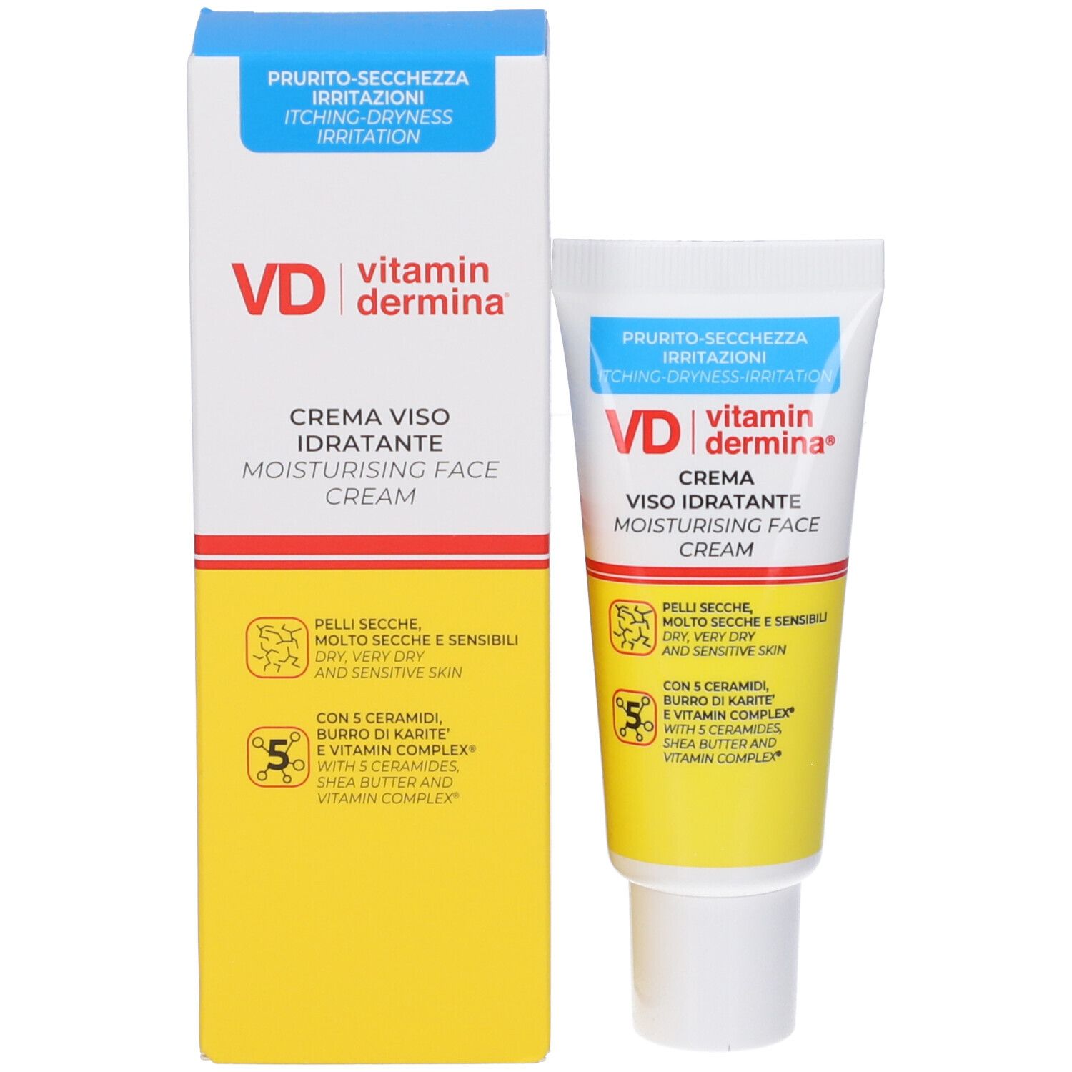 Crema VD Vitamindermina con confezione. Scritto: Crema Viso Idratante. Per pelli secche, molto secche e sensibili.