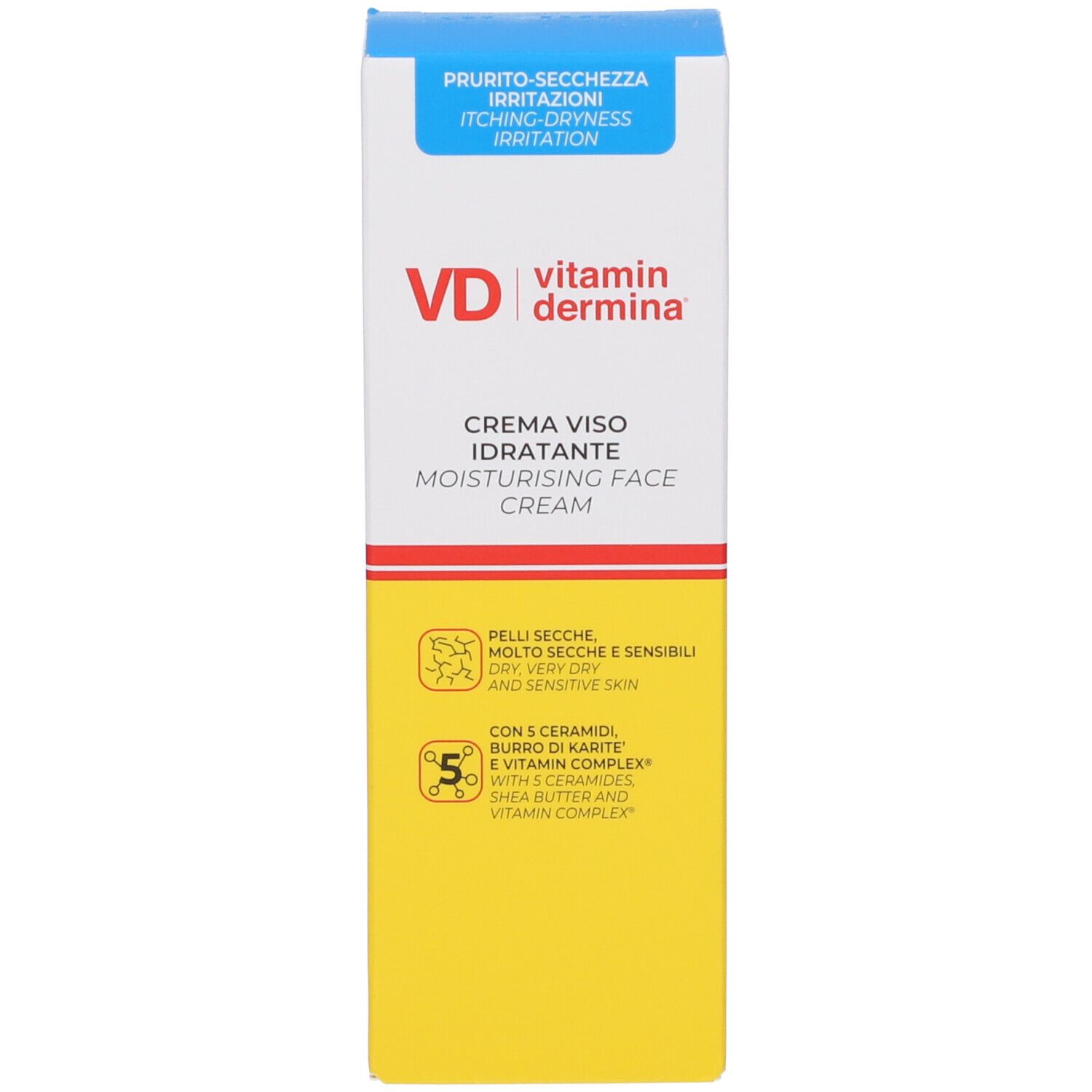 Confezione della crema VD Vitamindermina. Scritto: Crema Viso Idratante. Per pelli secche, molto secche e sensibili.