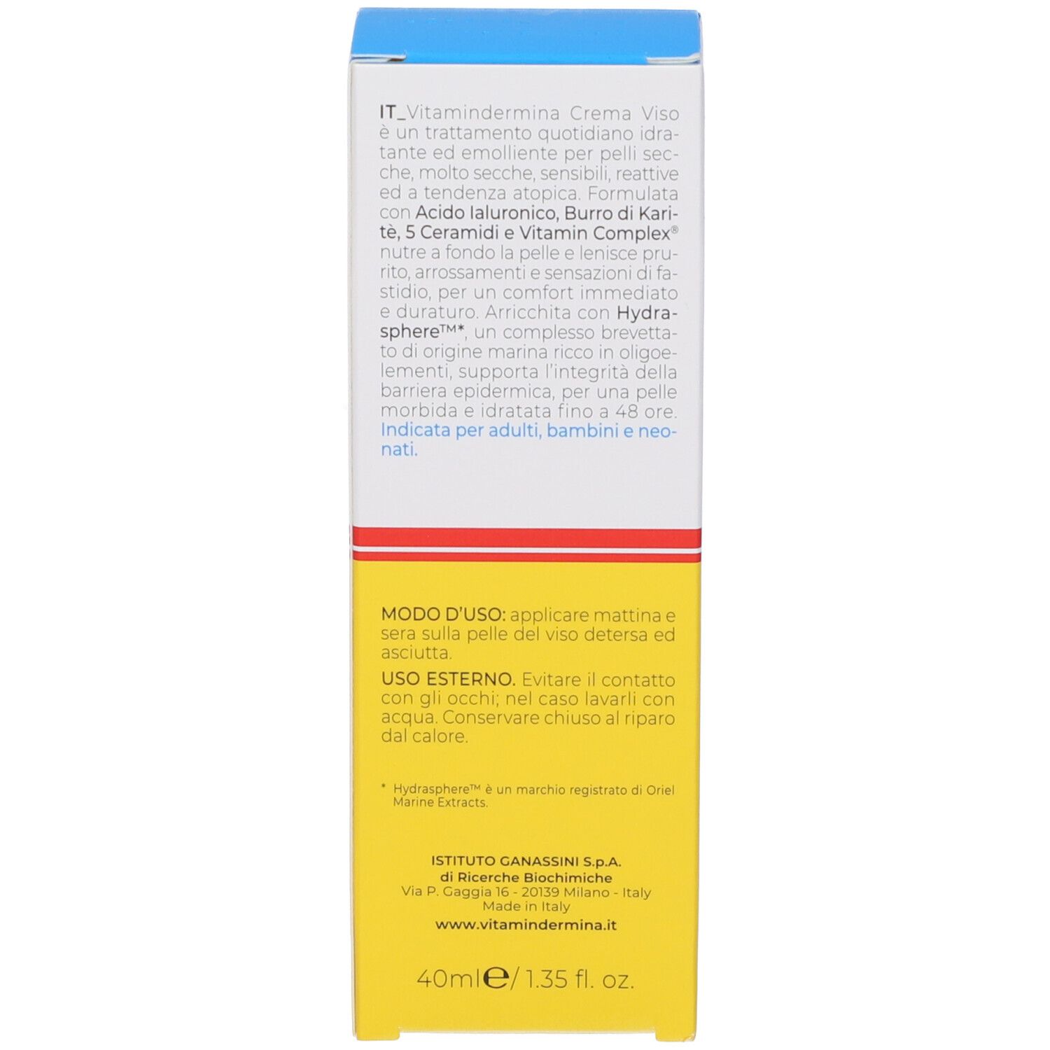 Confezione della crema VD Vitamindermina. Testo: Istruzioni per l'uso, ingredienti e informazioni produttore.