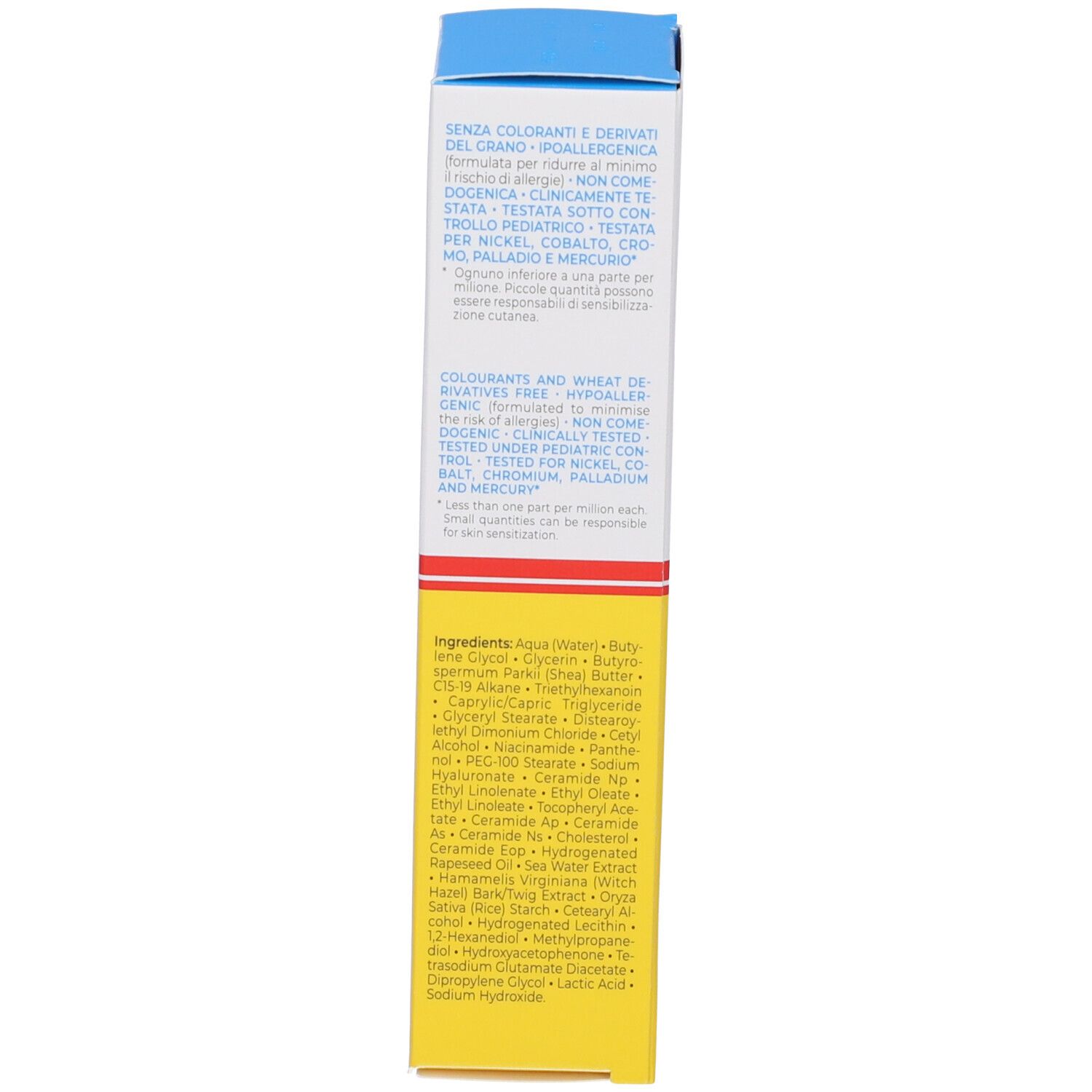 Confezione della crema VD Vitamindermina. Testo: Ingredienti, senza coloranti e grano.