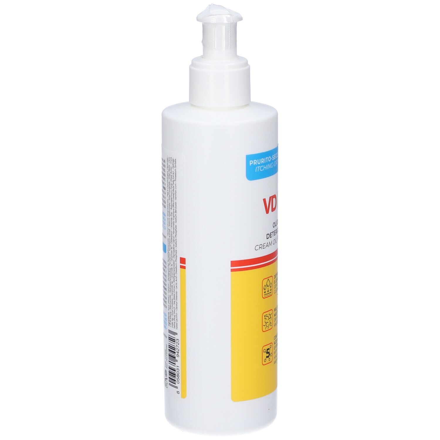 Flacone bianco con dosatore. Testo ed etichette sul lato. Strisce rosse e gialle.