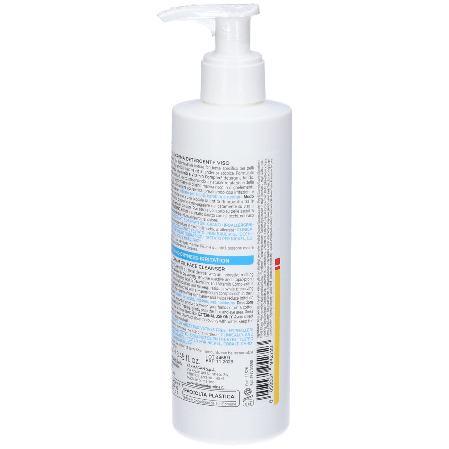 Flacone bianco con dosatore. Retro con testo. Etichette blu e gialle.