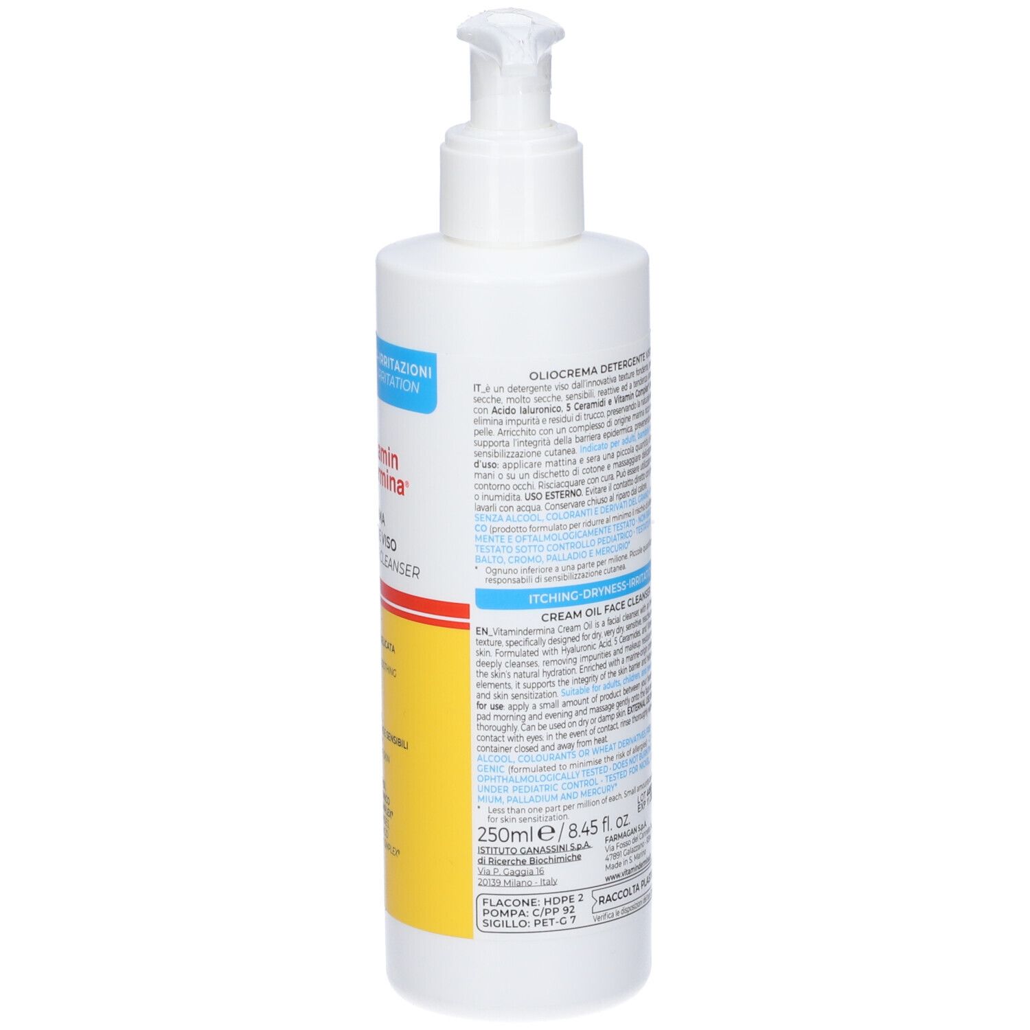 Flacone bianco con dosatore. Retro con testo. Etichette blu e gialle. Indicazione del volume.