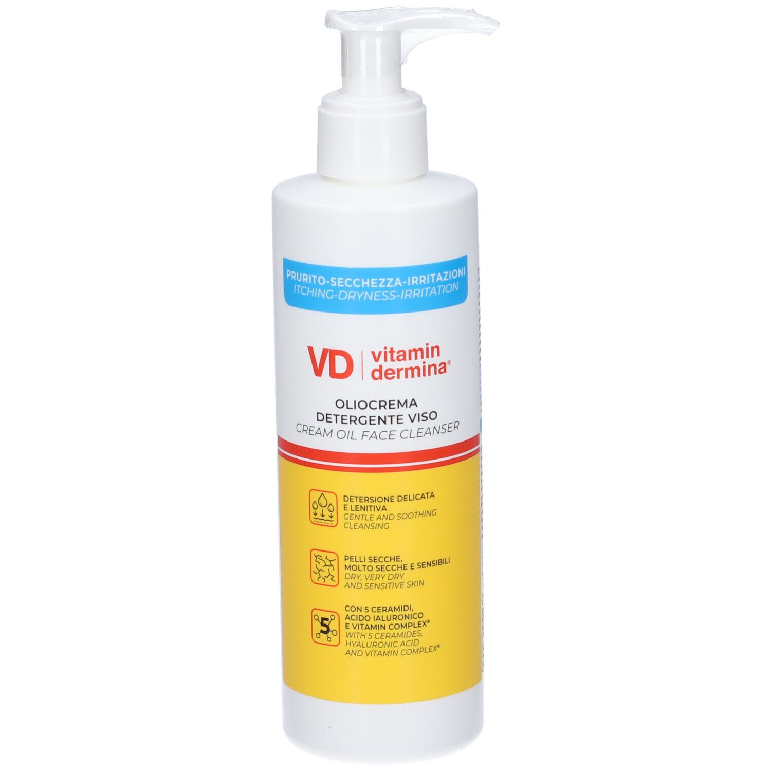Flacone bianco con dosatore. Scritta: Vitamin Dermina Oliocrema Detergente Viso. Etichette gialle con testo.