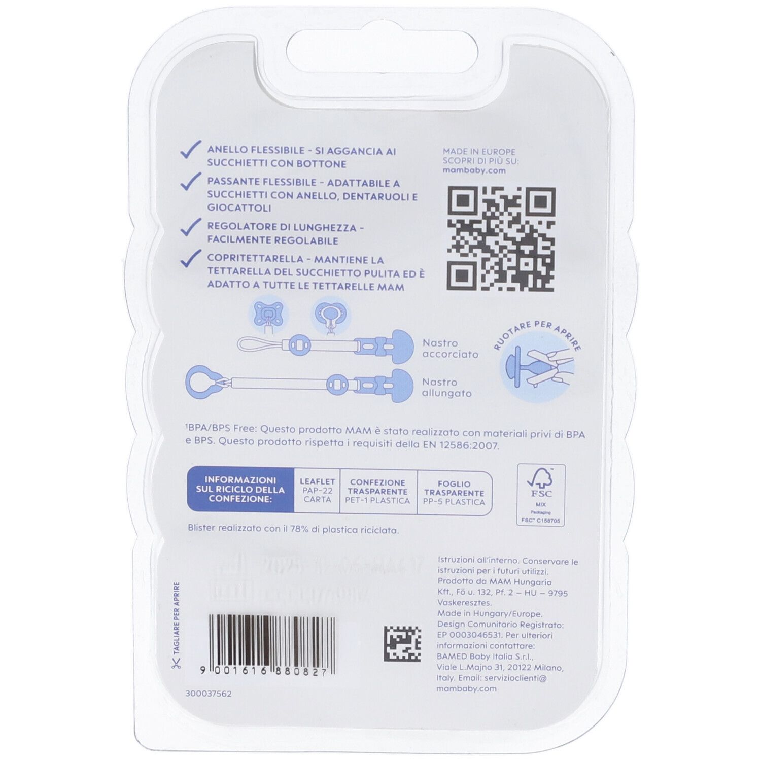 Retro confezione MAM Clip it! & Cover. Testo in italiano. Codice QR, logo BPA/BPS Free, logo FSC.