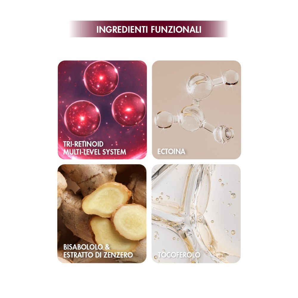 Ingredienti attivi: Sistema multi-livello Tri Retinoid, Ectoina, Bisabololo, Estratto di zenzero, Tocoferolo.