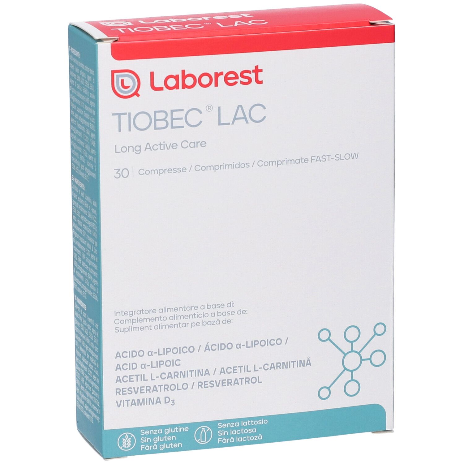 Tiobec Lac Compresse: Confezione da 30 compresse, mostra nome prodotto, ingredienti e certificazioni.