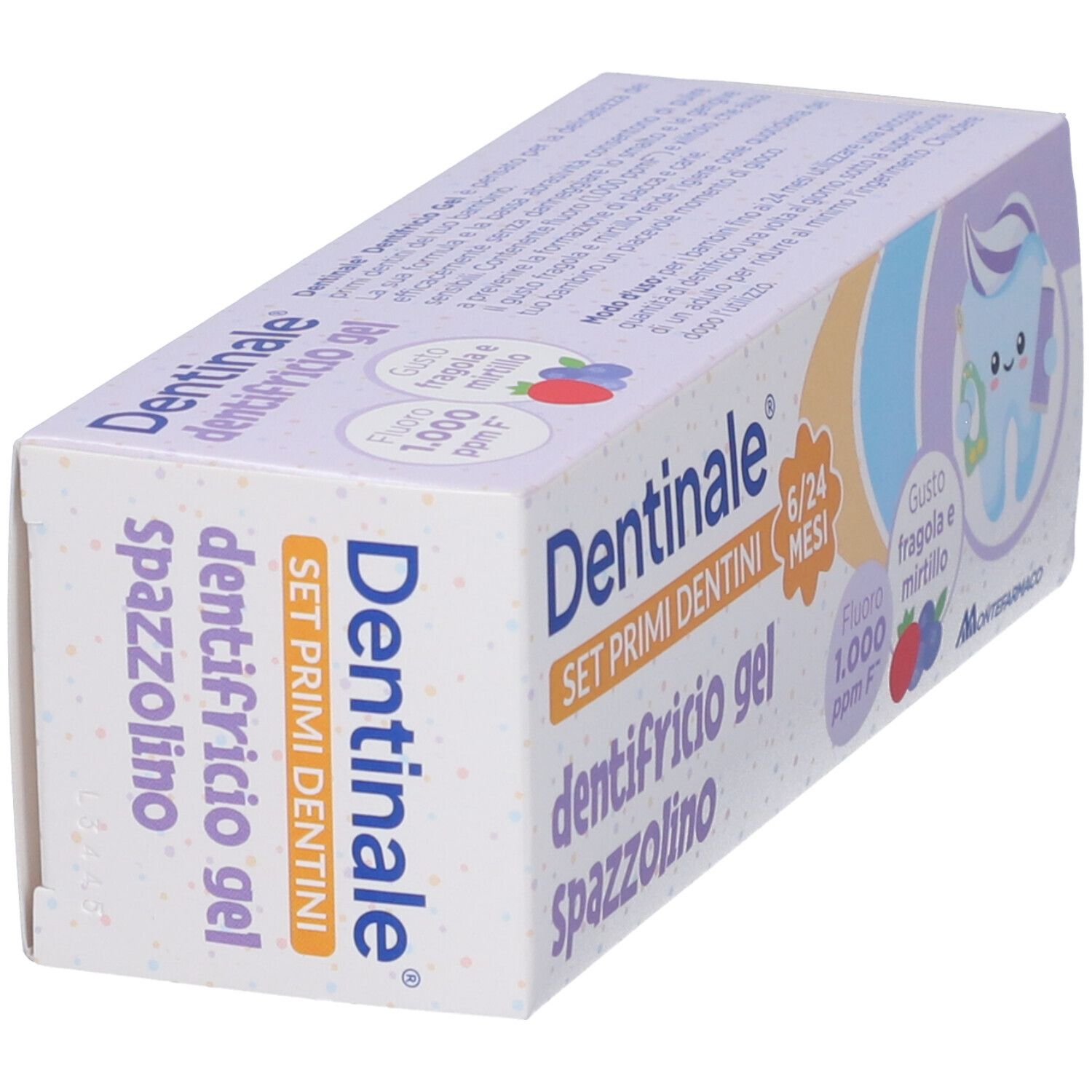 Confezione Dentinale Primi Dentini Set inclinata. Scritta: dentifricio gel spazzolino, 6/24 mesi, gusto fragola e mirtillo.