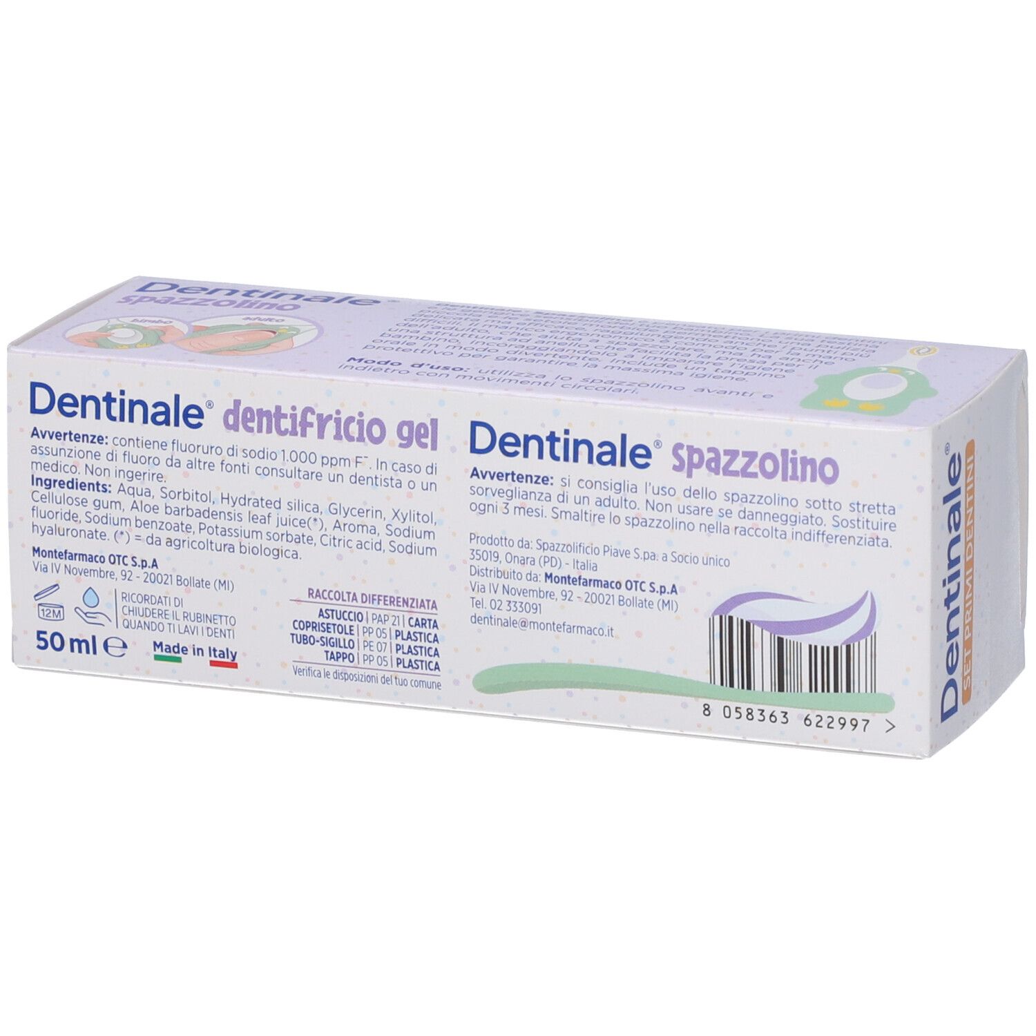 Retro confezione Dentinale Primi Dentini Set. Testo: ingredienti, avvertenze, informazioni produttore, codice a barre.