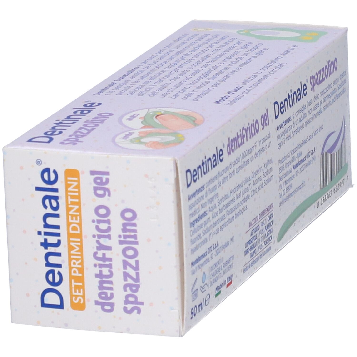 Retro inclinato della confezione Dentinale Primi Dentini Set. Testo: ingredienti, avvertenze, informazioni produttore.