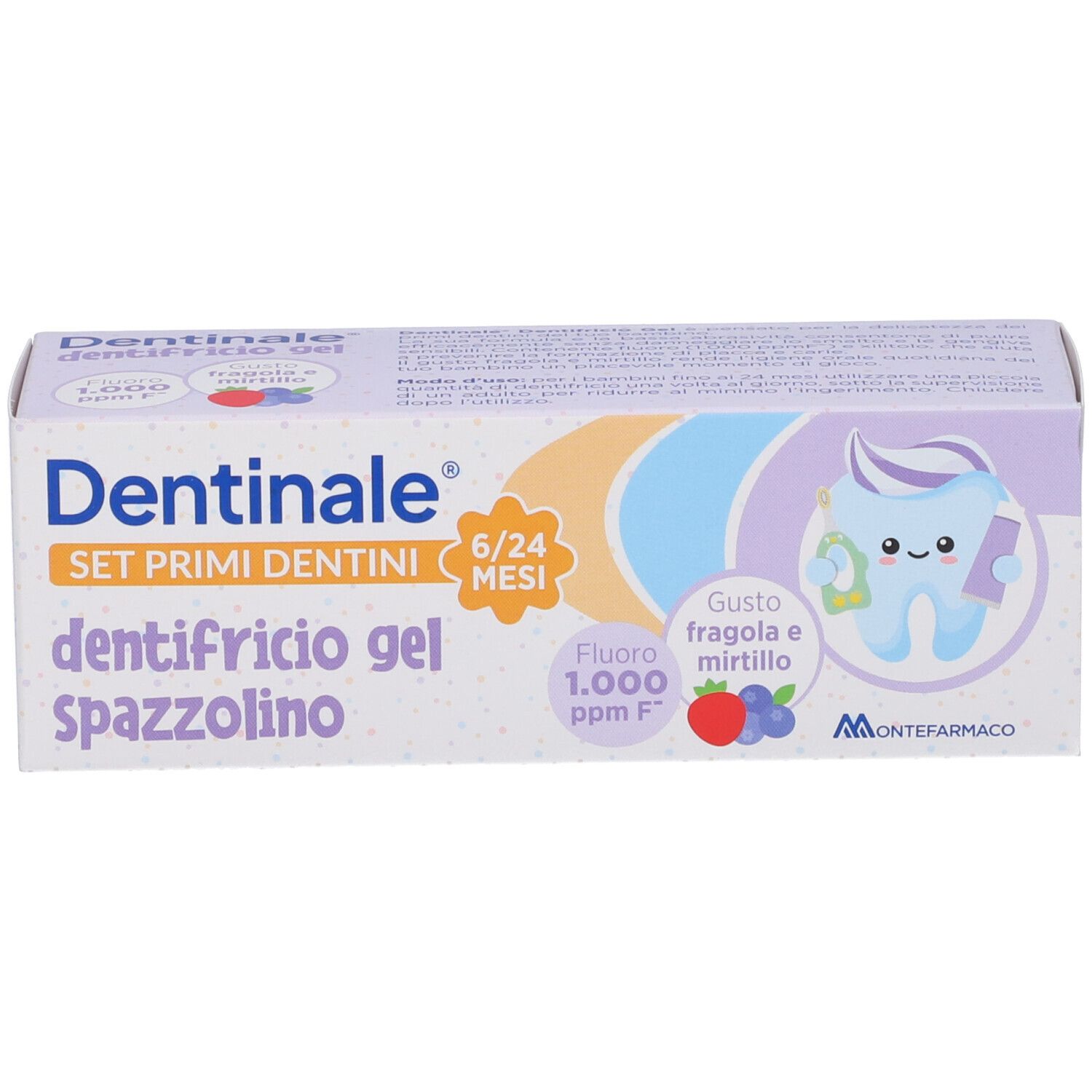 Confezione Dentinale Primi Dentini Set. Scritta: dentifricio gel spazzolino, 6/24 mesi, gusto fragola e mirtillo.