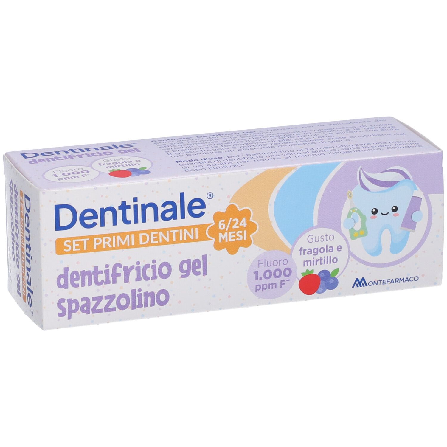 Confezione Dentinale Primi Dentini Set. Scritta: dentifricio gel spazzolino, 6/24 mesi, gusto fragola e mirtillo.