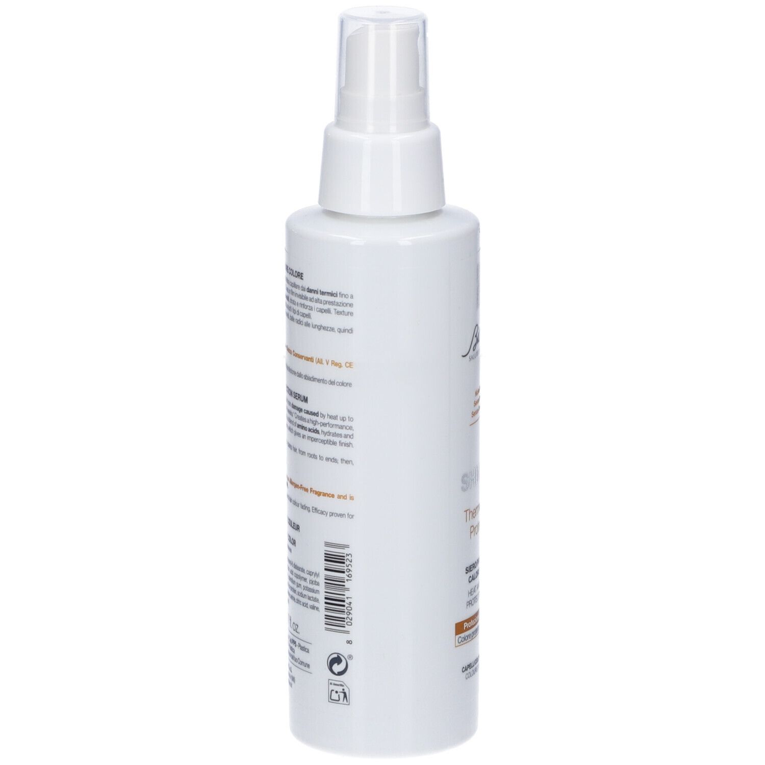 Retro del flacone spray bianco. Testo multilingue. Informazioni sul prodotto e ingredienti.