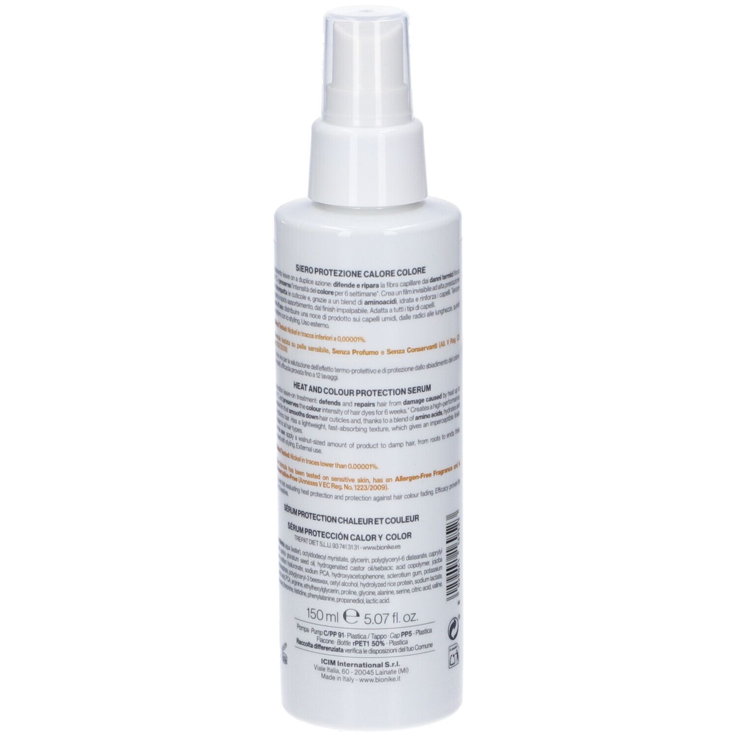 Retro del flacone spray bianco. Testo multilingue. Informazioni sul prodotto e ingredienti.