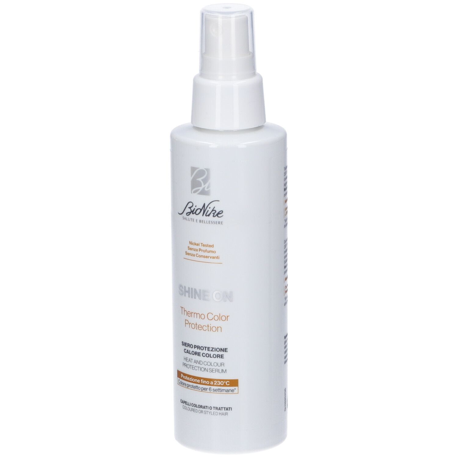 Flacone spray bianco con erogatore. Scritta: Bionike, Shine On, Thermo Color Protection. Per capelli colorati.