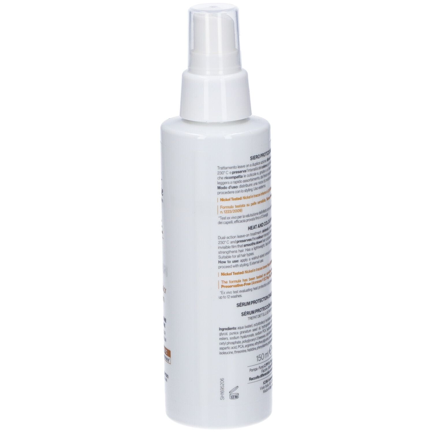 Retro del flacone spray bianco. Testo multilingue. Informazioni sul prodotto e ingredienti.