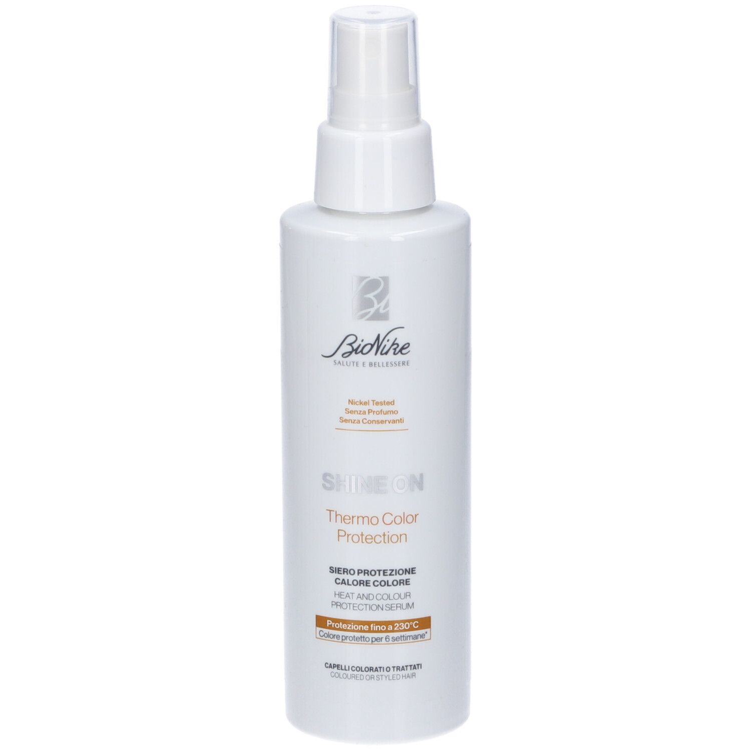 Flacone spray bianco con erogatore. Scritta: Bionike, Shine On, Thermo Color Protection. Per capelli colorati.