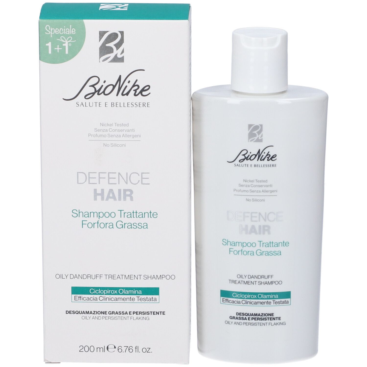 Confezione del prodotto con flacone di shampoo. Confezione: bianca con accento verde. Scritta: Bionike, Defence Hair, Shampoo Trattante.
