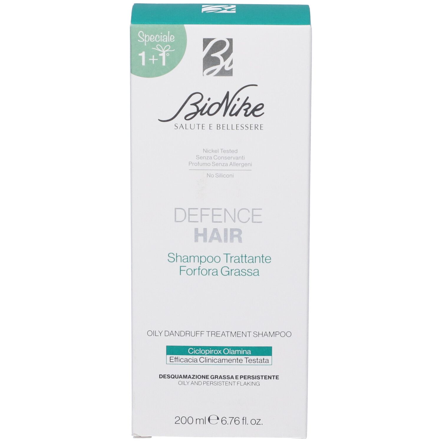 Confezione del prodotto, bianca con accento verde. Scritta: Bionike, Defence Hair, Shampoo Trattante Forfora Grassa. 200 ml.