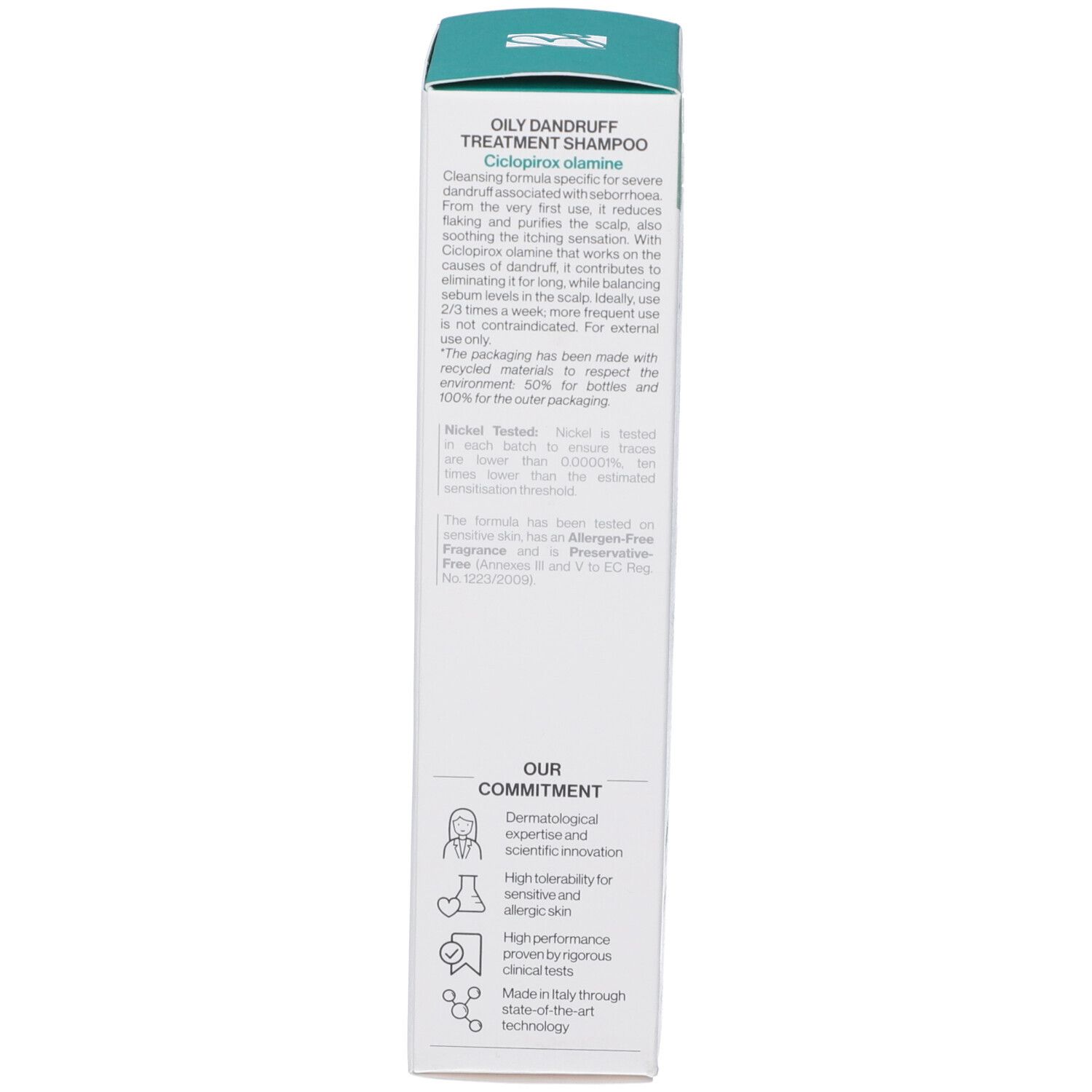 Confezione, vista laterale. Testo: Oily Dandruff Treatment Shampoo. Descrizione e ingredienti. Logo: Bionike.