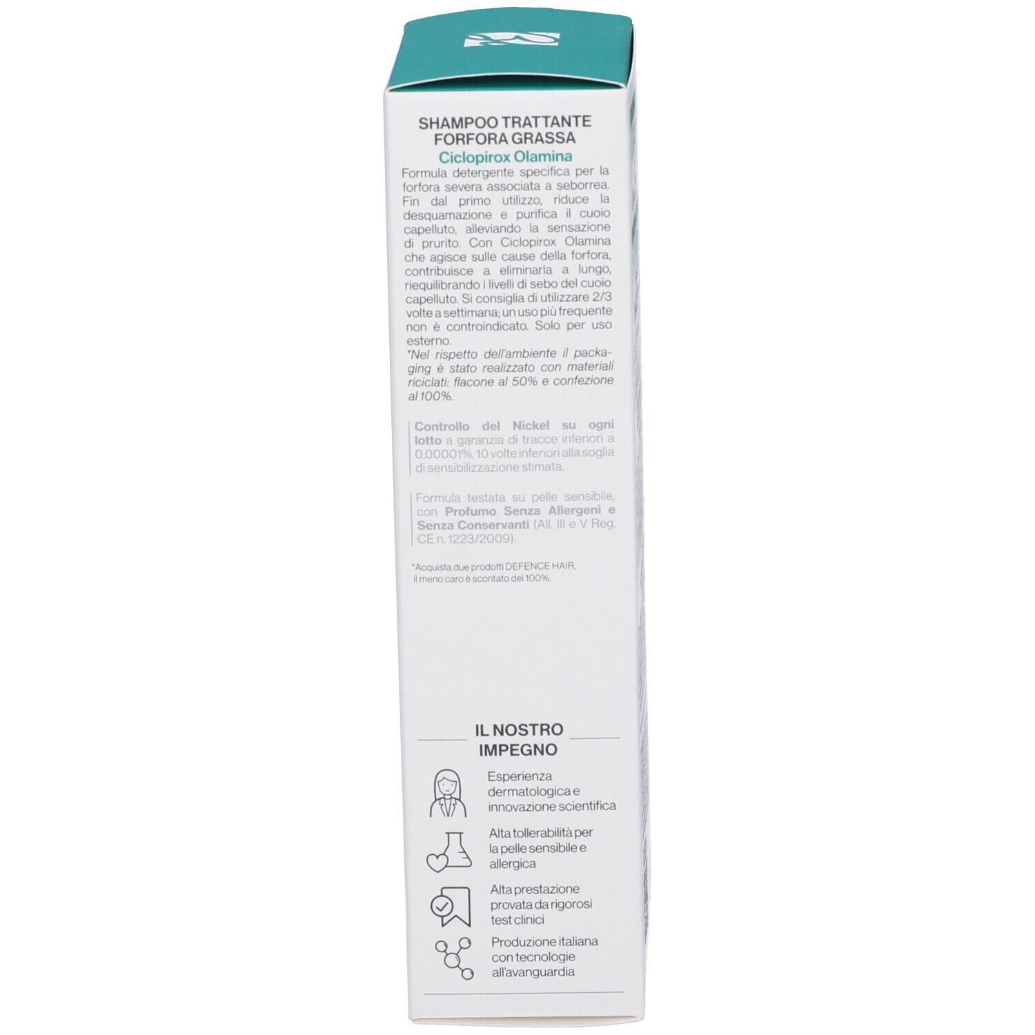 Confezione, vista laterale. Testo: Shampoo Trattante Forfora Grassa. Descrizione e ingredienti. Logo: Bionike.