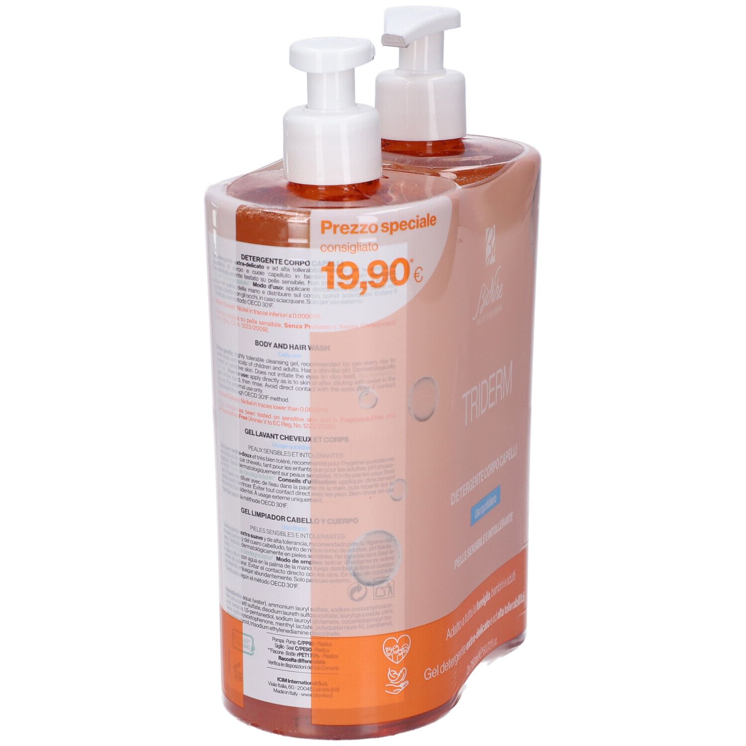 Due flaconi con pompa contenenti liquido arancione, confezionati in un involucro trasparente con etichetta prezzo.