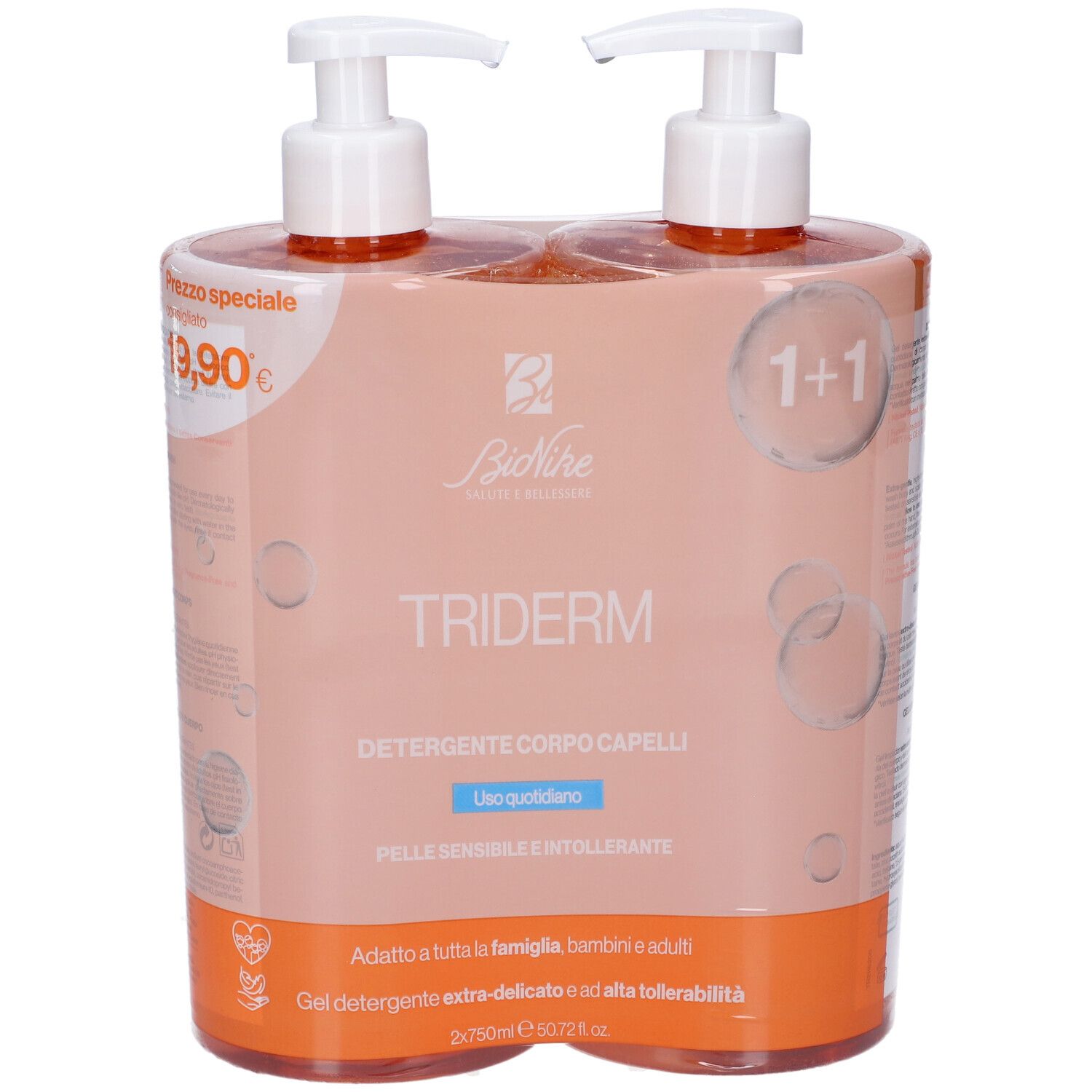 Due flaconi con pompa Bionike Triderm detergente corpo e capelli.