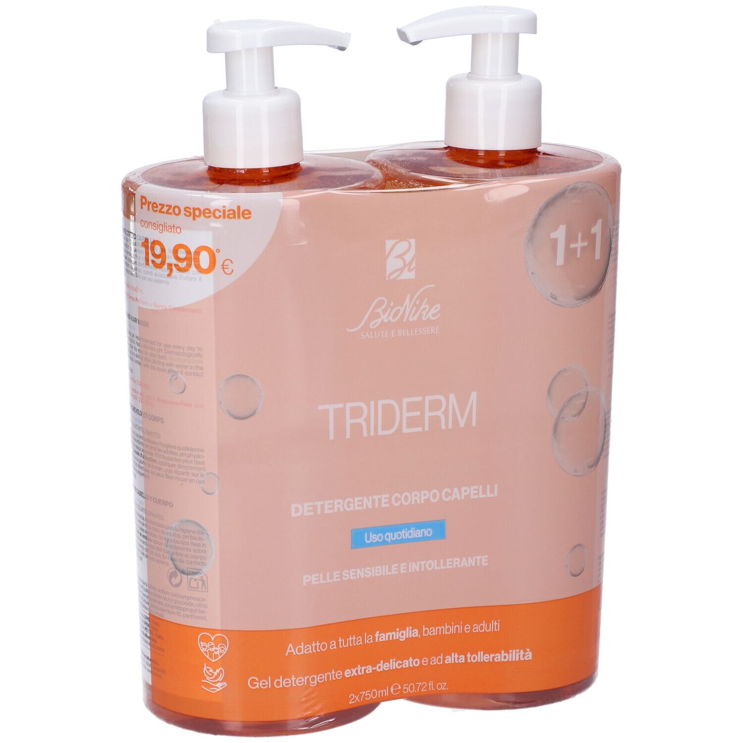 Due flaconi con pompa Bionike Triderm detergente corpo capelli, 750ml ciascuno, in confezione 1+1.