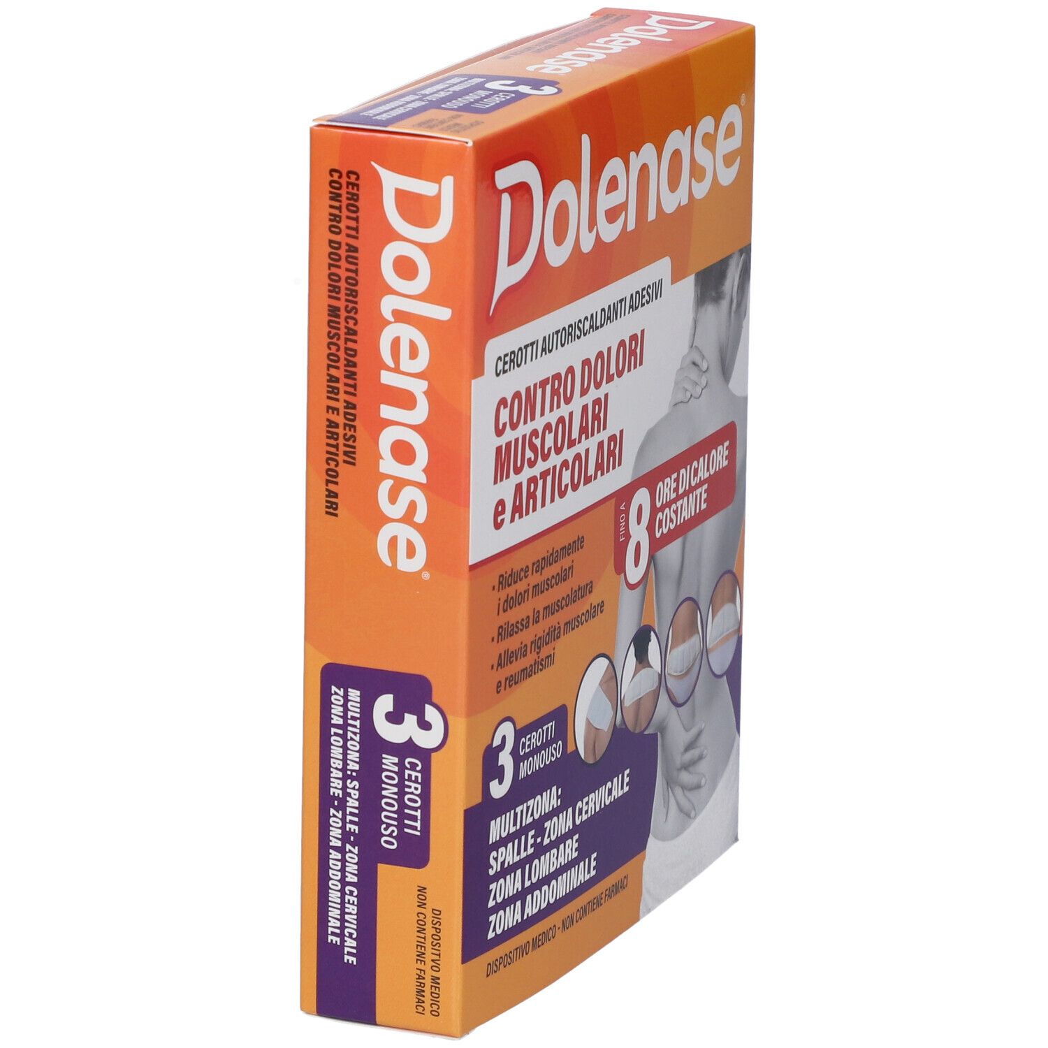 Confezione Dolenase angolata. Cerotti autoriscaldanti adesivi per dolori muscolari e articolari. 3 cerotti. 8 ore di calore.