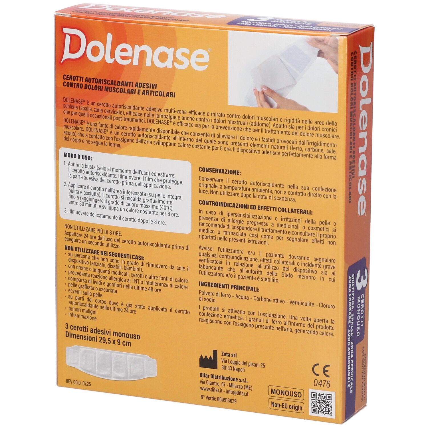 Retro confezione Dolenase. Informazioni su uso, ingredienti e precauzioni. 3 cerotti adesivi.
