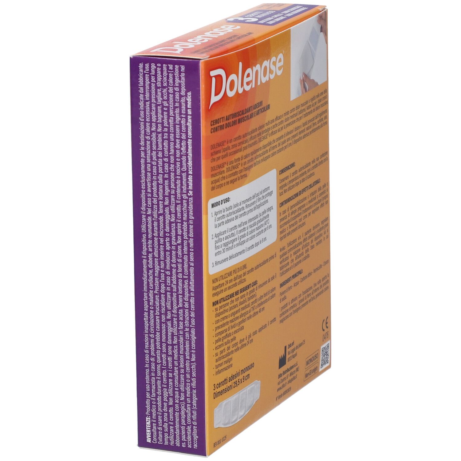 Lato confezione Dolenase. Informazioni sull'uso. 3 cerotti autoriscaldanti. Dimensioni: 29,5 x 9 cm.