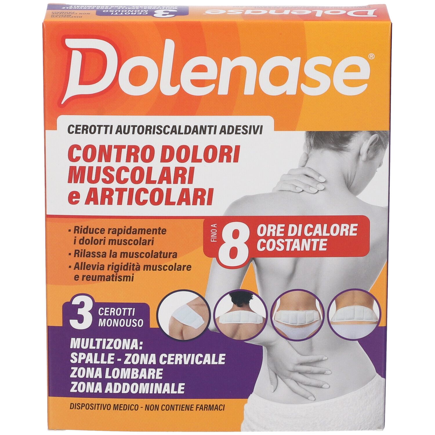 Confezione Dolenase. 3 cerotti autoriscaldanti. Per dolori muscolari e articolari. 8 ore di calore. Multizona.