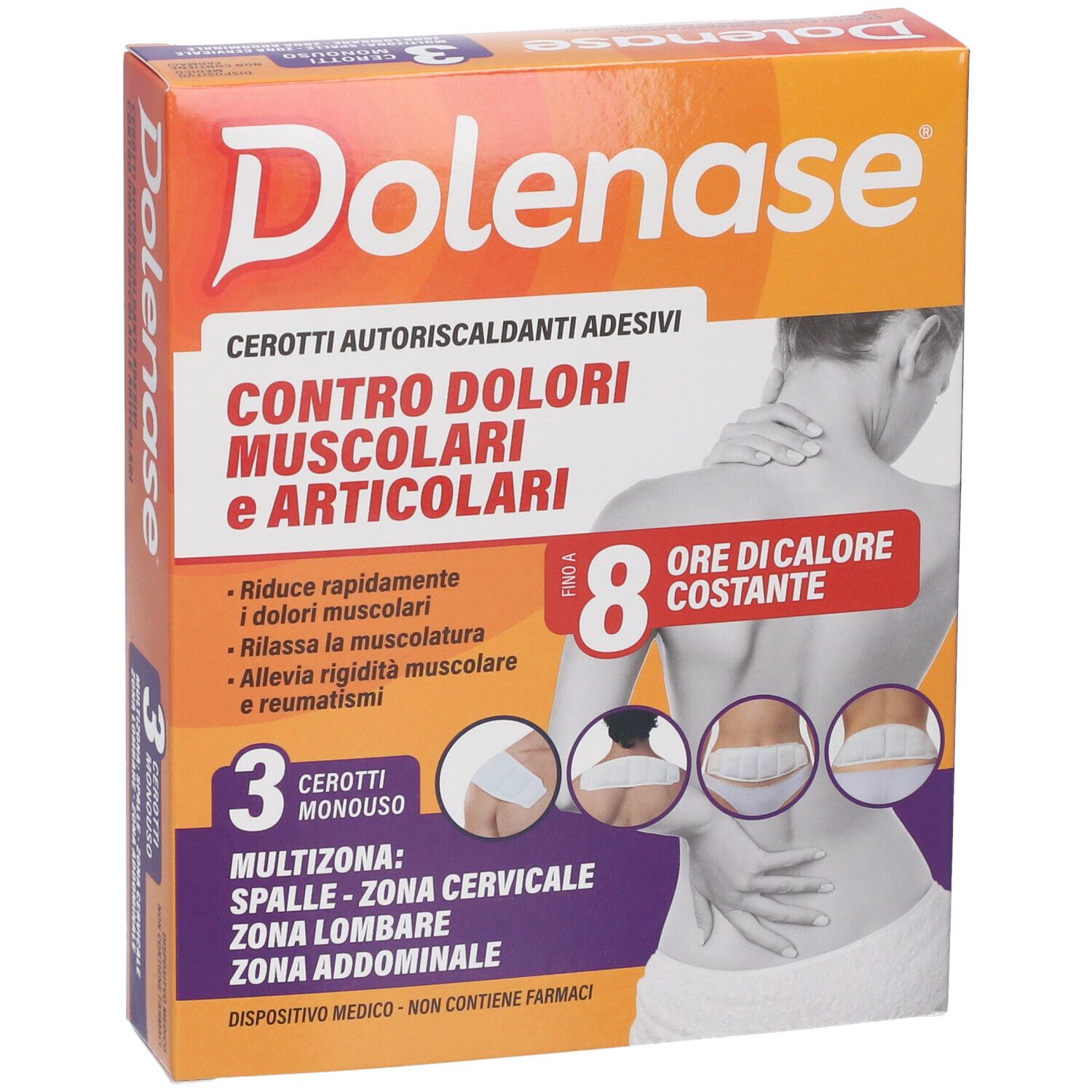 Confezione Dolenase. 3 cerotti autoriscaldanti. Per dolori muscolari e articolari. 8 ore di calore. Multizona.