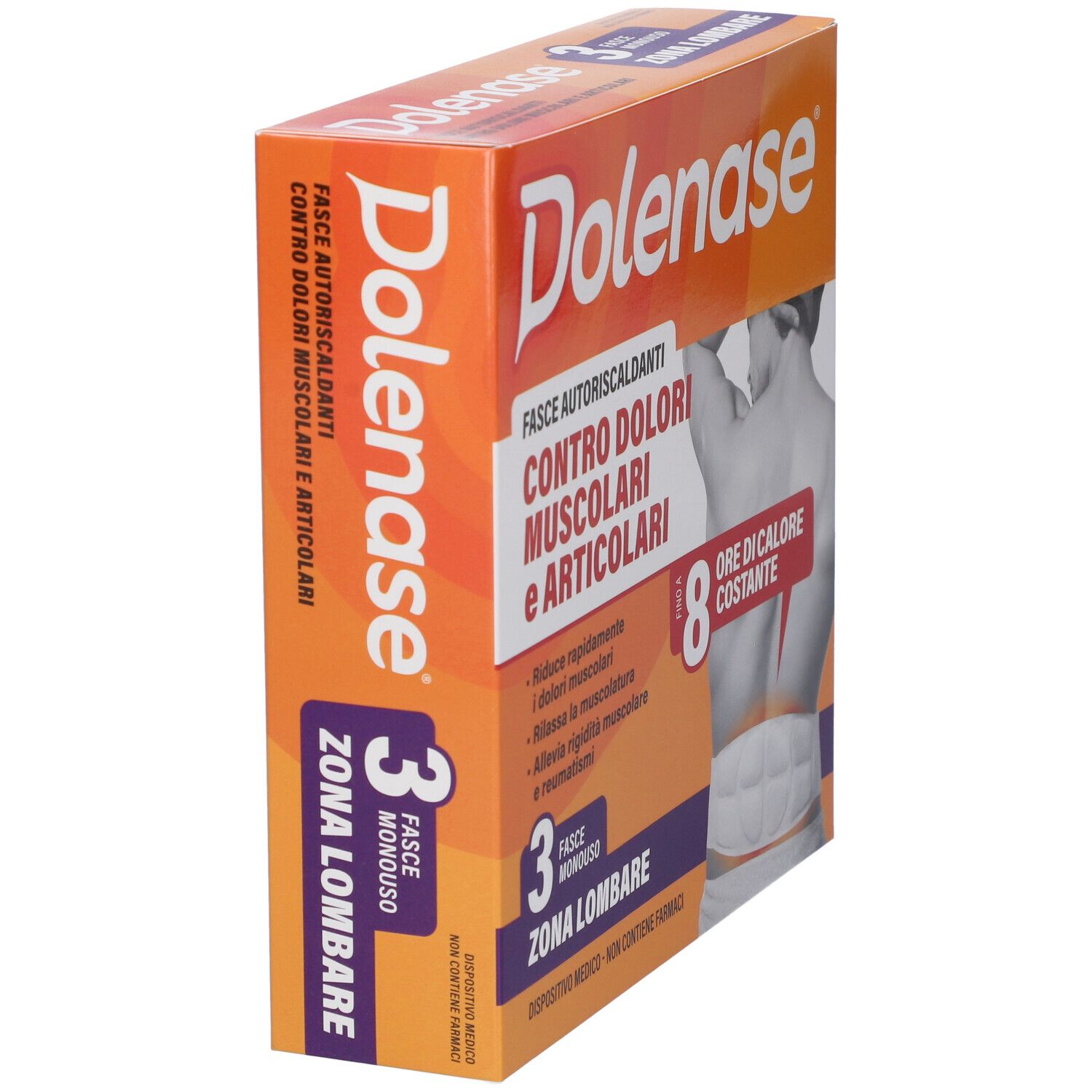 Confezione Dolenase, scatola arancione. Nome del prodotto e informazioni sul lato. 3 pezzi, zona lombare.