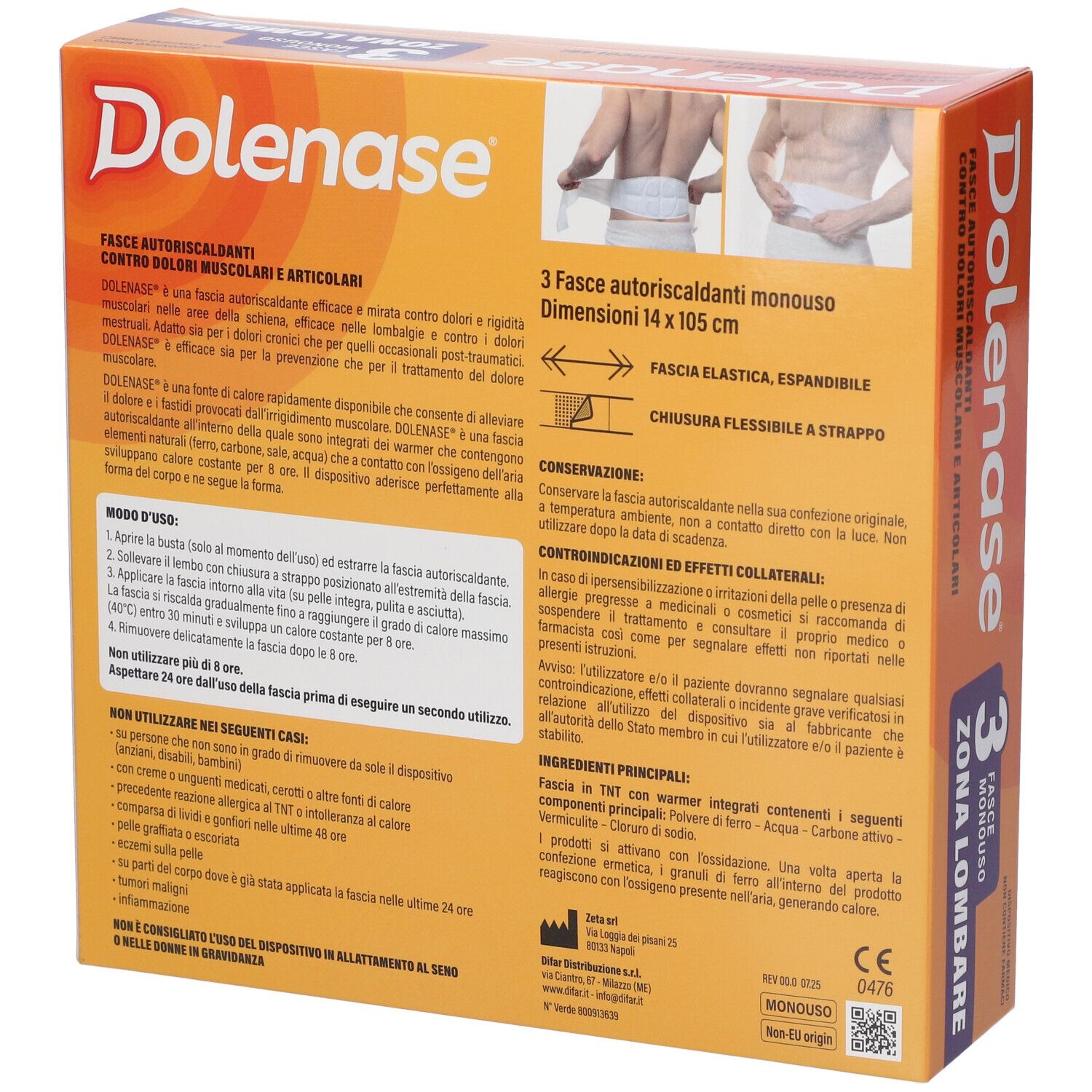 Retro della confezione Dolenase. Informazioni sul prodotto, istruzioni per l'uso e avvertenze. 3 pezzi, zona lombare.