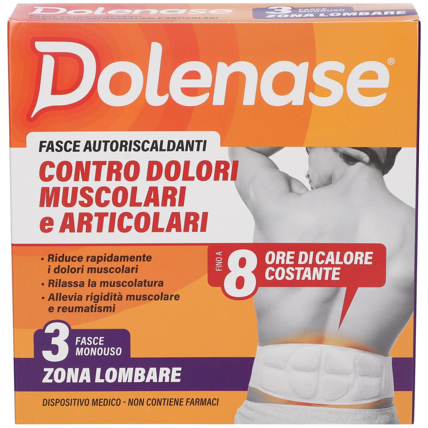 Confezione Dolenase. Scatola arancione con informazioni sul prodotto e illustrazione della schiena. 3 pezzi, zona lombare.