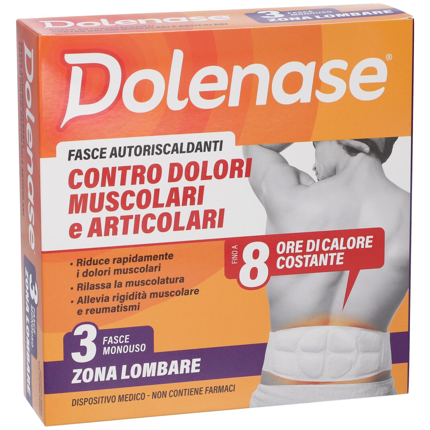 Confezione Dolenase. Scatola arancione con informazioni sul prodotto e illustrazione della schiena. 3 pezzi, zona lombare.