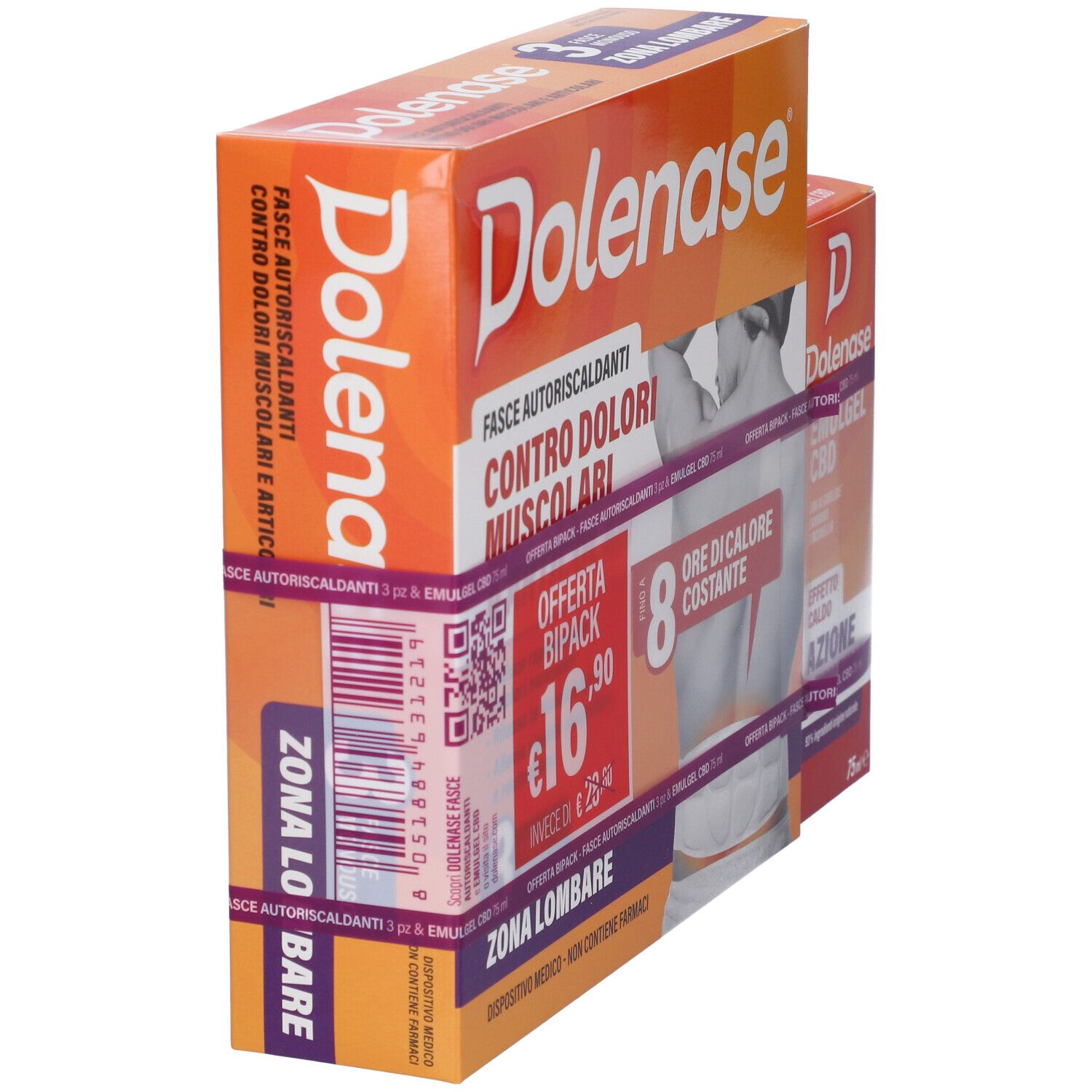 Due confezioni Dolenase arancioni. Testo: Fasce Autoriscaldanti, Contro Dolori Muscolari. Etichetta prezzo.