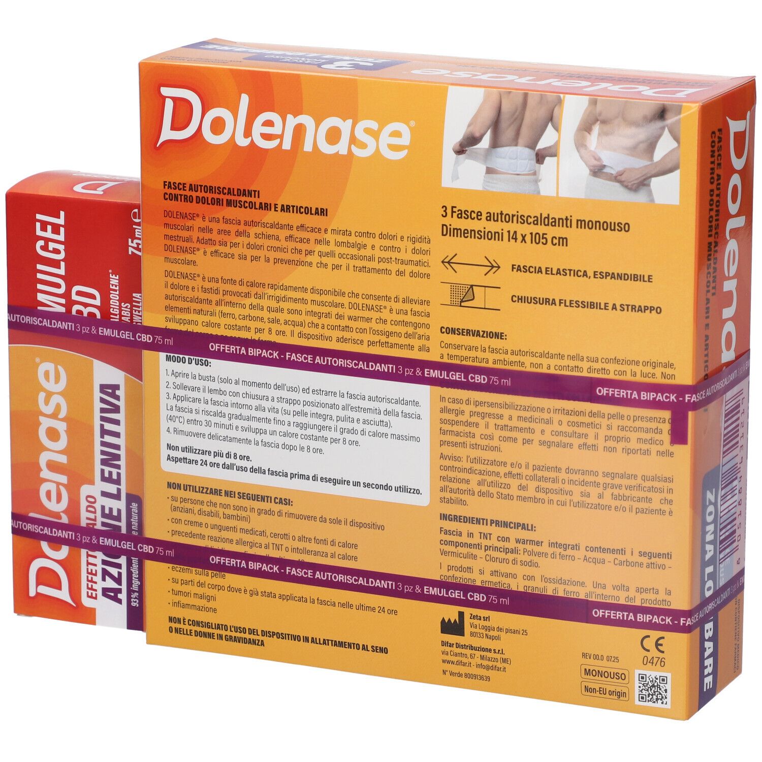 Tre confezioni Dolenase. Testo: Fasce Autoriscaldanti, Emulgel CBD. Retro con informazioni prodotto.