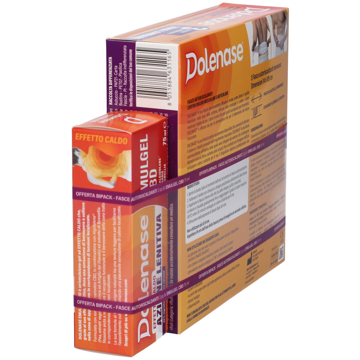 Tre confezioni Dolenase. Retro con informazioni prodotto. Piccola confezione Emulgel CBD.