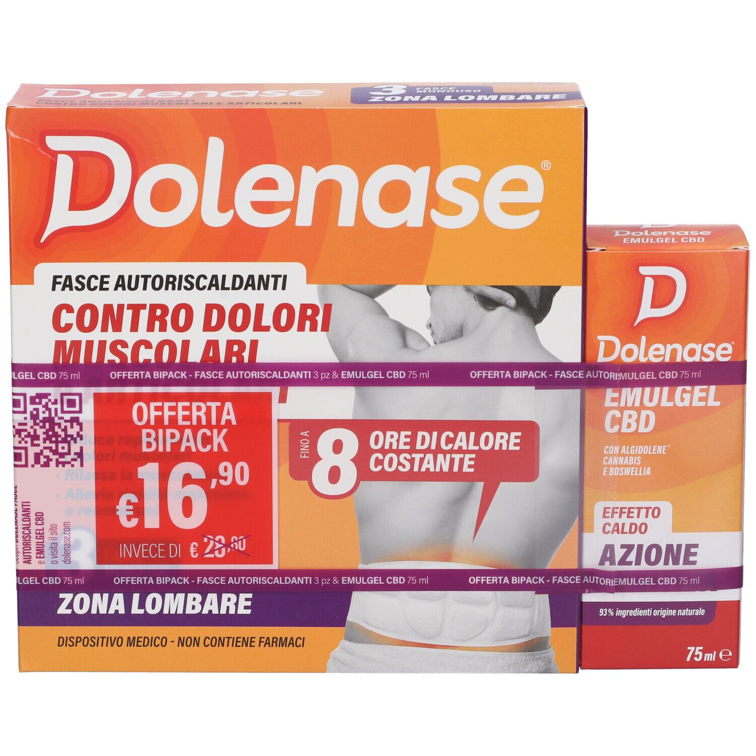 Due confezioni Dolenase. Grande con testo e piccola con Emulgel CBD. Design arancione.