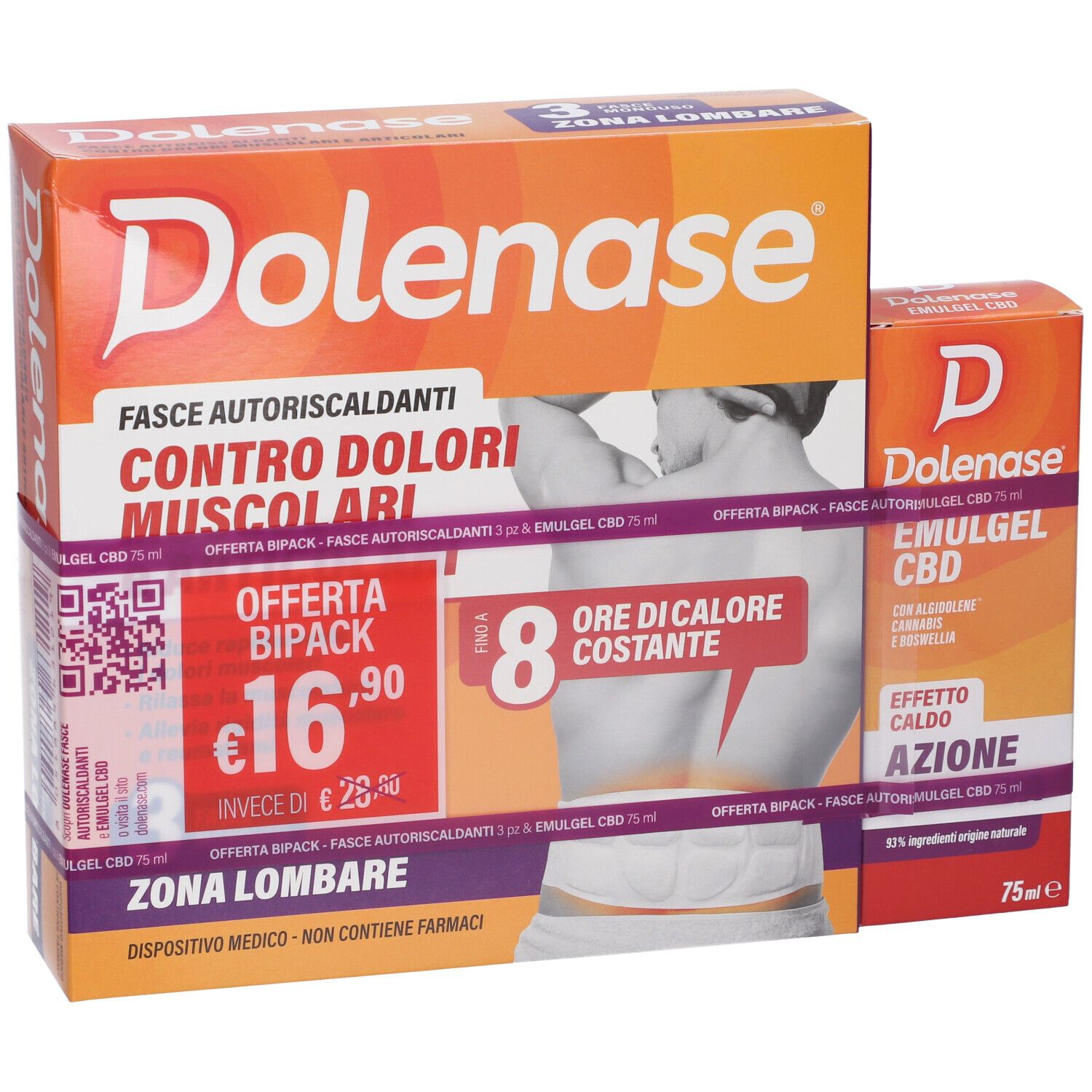 Due confezioni Dolenase. Grande con testo e piccola con Emulgel CBD. Design arancione.