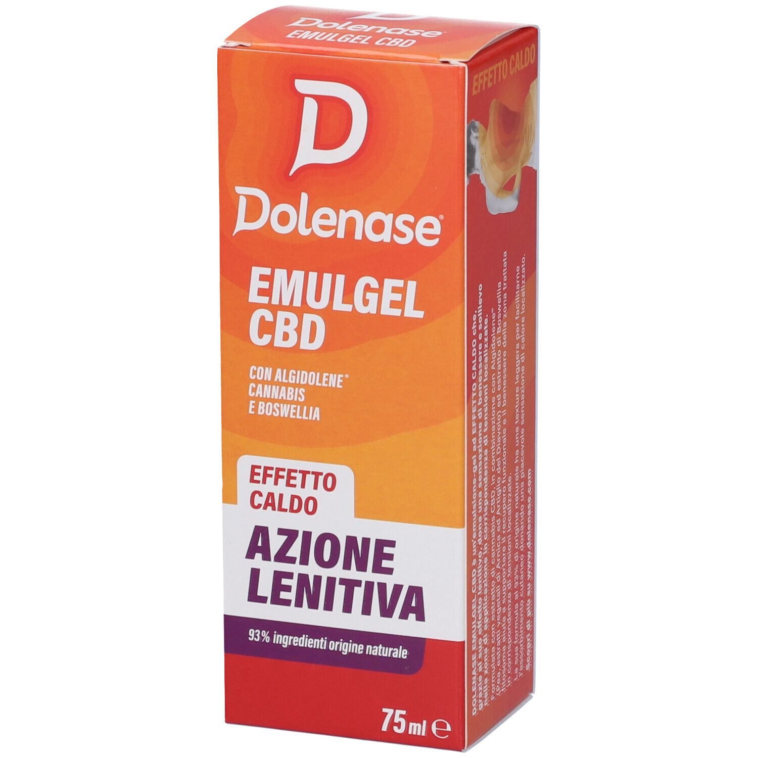 Confezione Emulgel CBD. Scatola arancione-rossa con nome del prodotto e informazioni. 75ml.