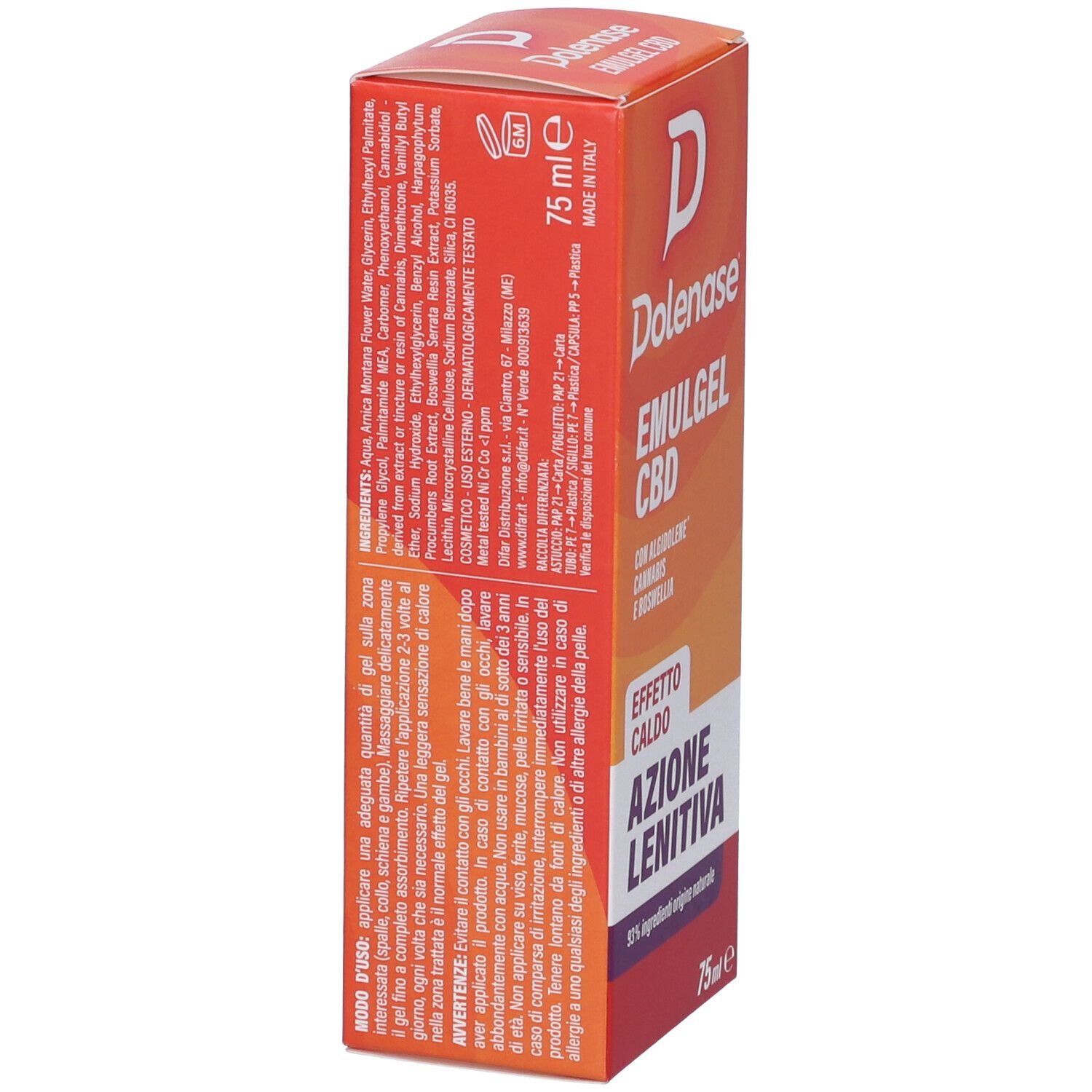 Confezione Emulgel CBD. Retro della scatola con ingredienti e istruzioni per l'uso. 75ml.