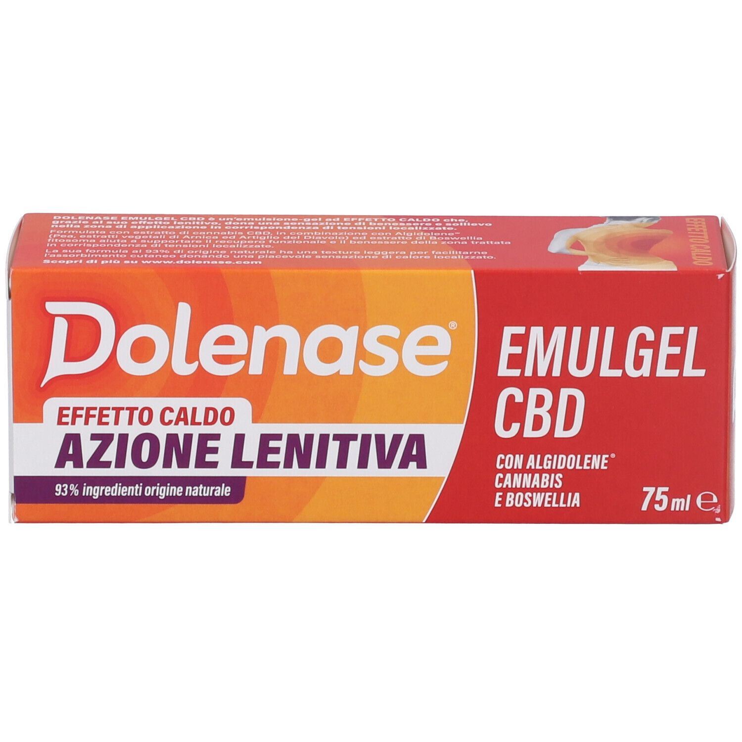 Confezione Emulgel CBD. Scatola arancione-rossa con nome del prodotto e informazioni. 75ml.